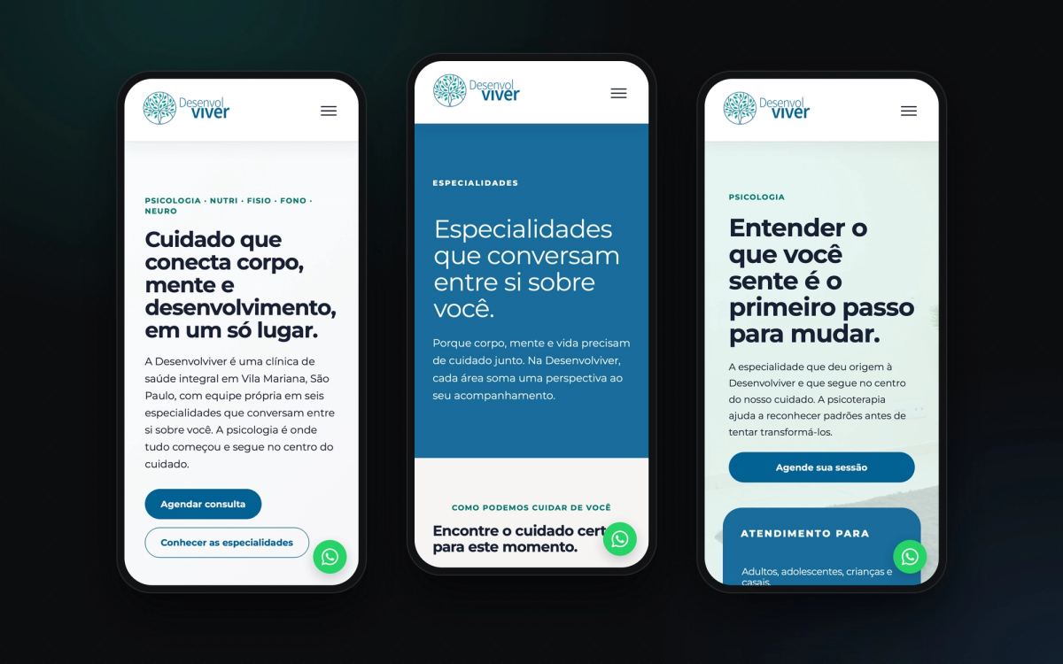 O site novo no celular: home, especialidades e psicologia