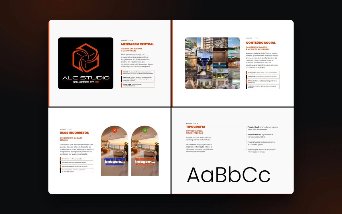 Páginas do brandbook: mensagem central, conteúdo social, usos incorretos e tipografia