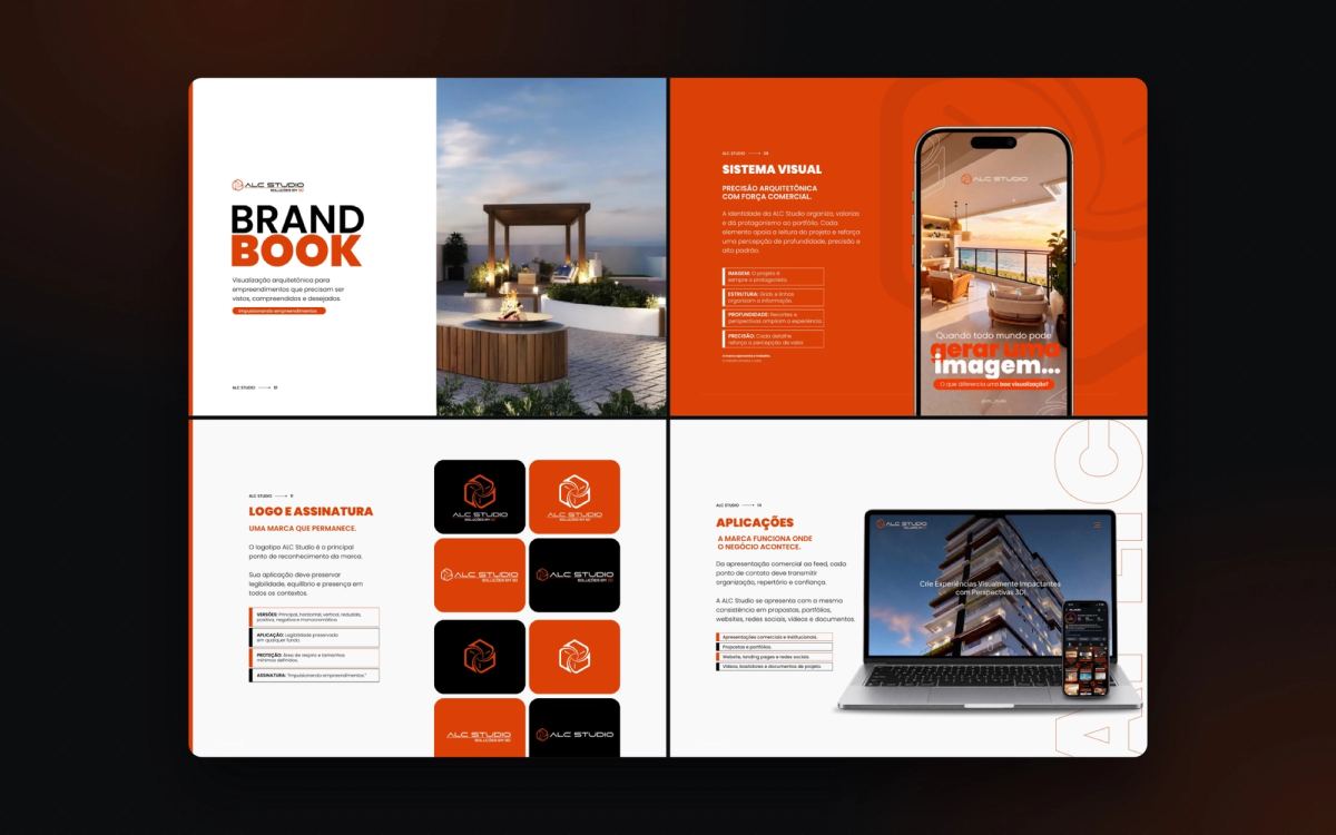 Páginas do brandbook da ALC Studio: capa, sistema visual, logo e aplicações