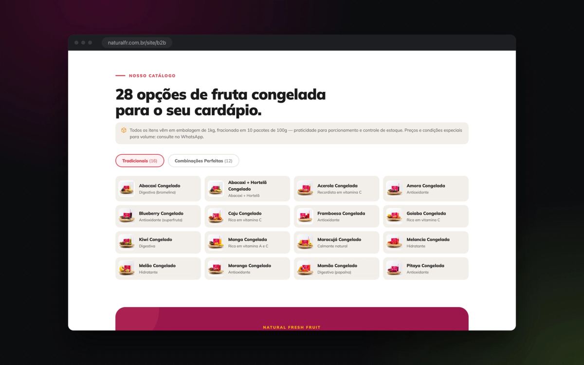 Catálogo com 28 opções de fruta congelada
