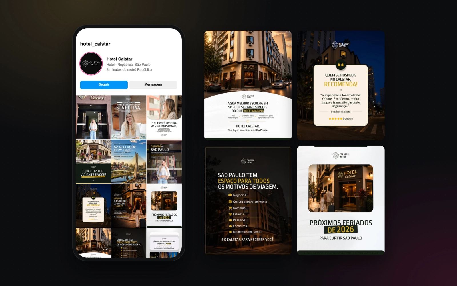 O Instagram do Hotel Calstar no celular e alguns dos posts