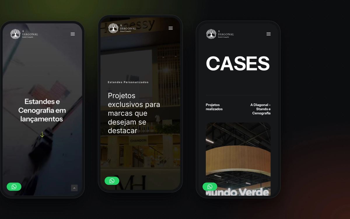 Site no celular: home, serviços e cases