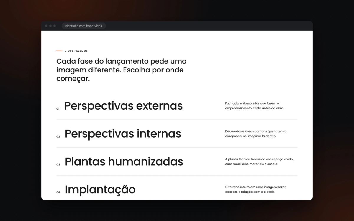 Página de serviços: perspectivas, plantas, implantação, filmes, tour 360°, realidade aumentada