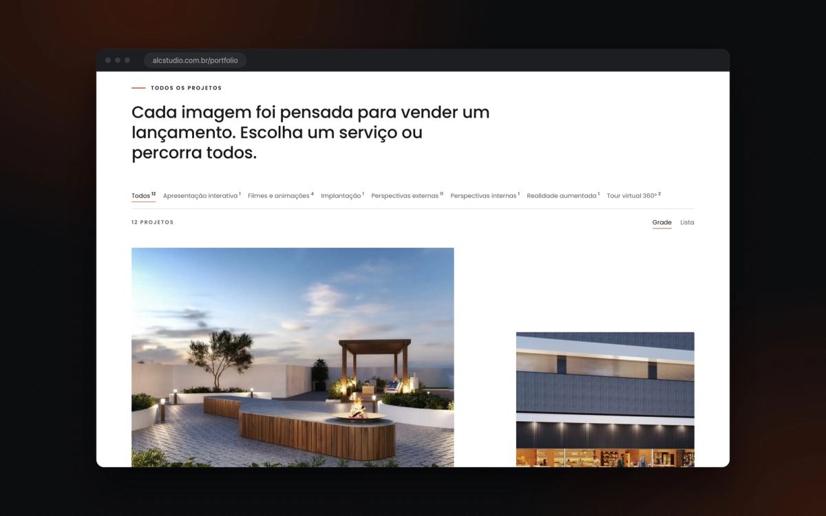 Portfólio com filtros por serviço