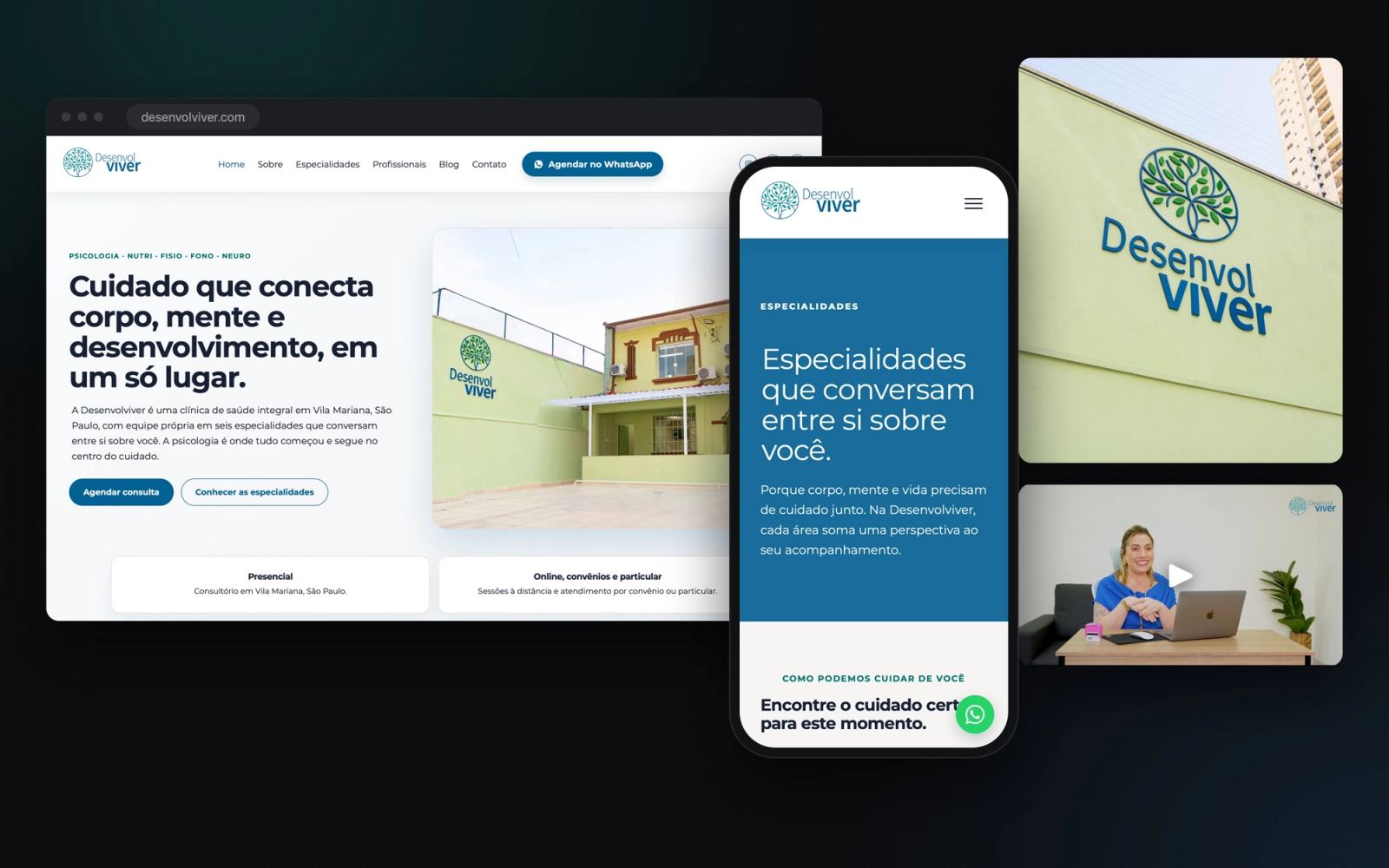 Site novo no computador e no celular, a fachada da nova unidade e o filme institucional