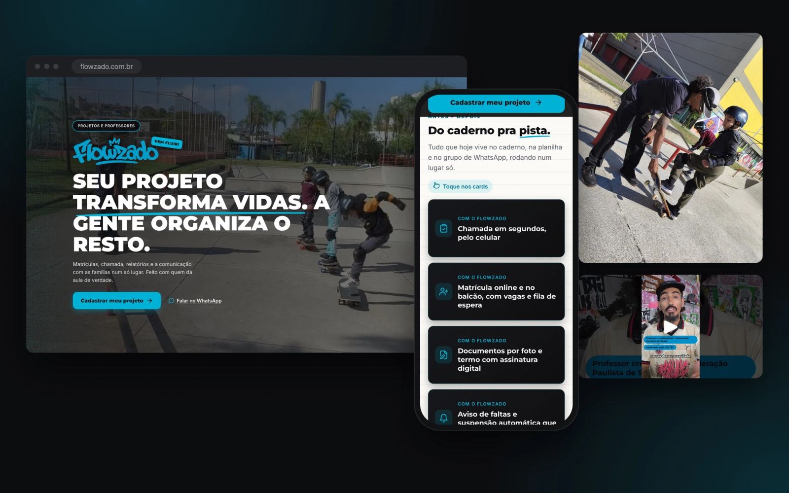 A landing page do Flowzado no computador e no celular, com as fotos das aulas e o vídeo do Marcos Durango