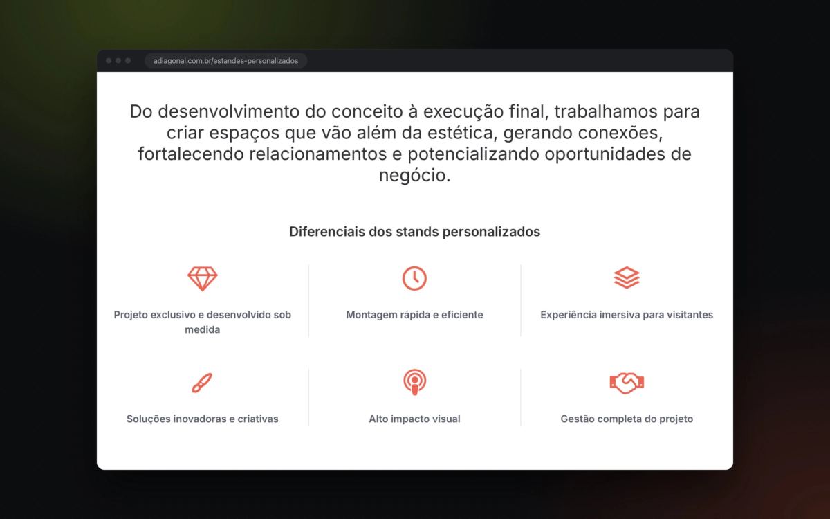 Página de estandes personalizados com os diferenciais
