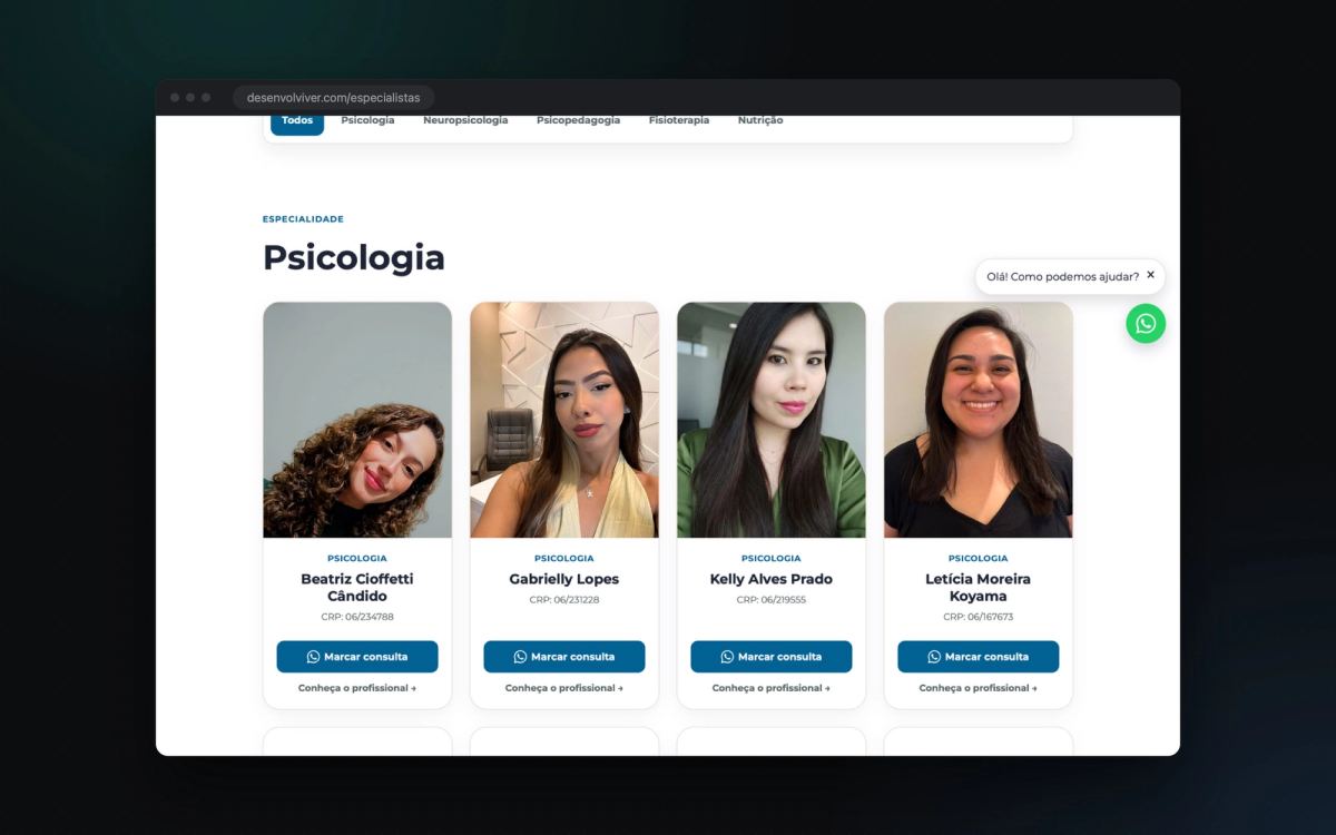 Página da equipe com as profissionais de psicologia