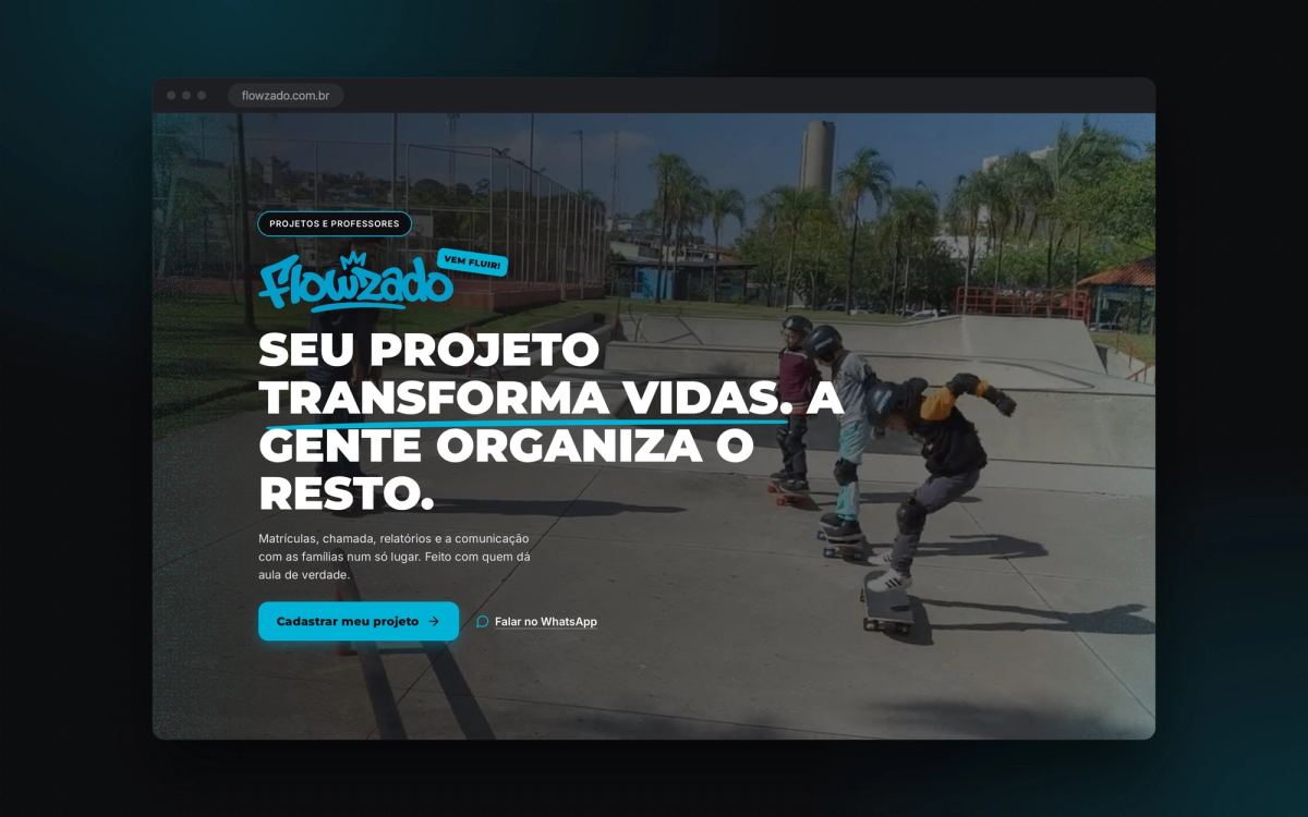 Abertura da landing page do Flowzado com vídeo das aulas de skate