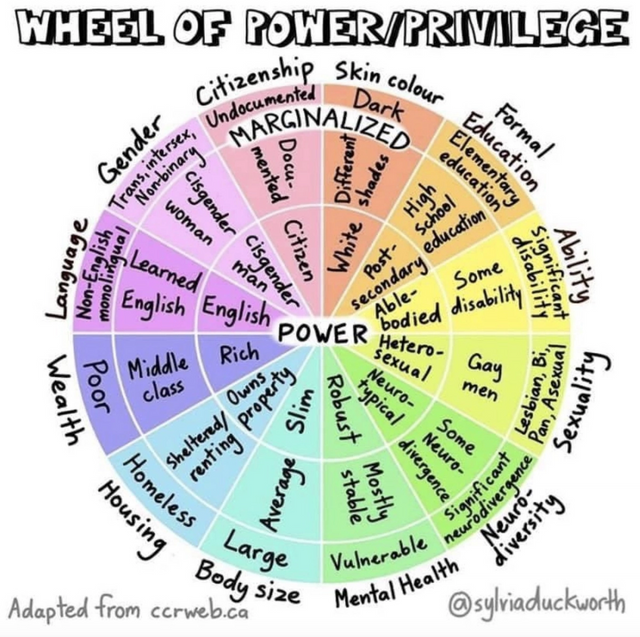 Image title reads: “Wheel of Power/Privilege” A circle with 12 spoke-like divisions of different colours. At the centre of the wheel in a white circle is the word: “Power.” Farther out from the centre is the word: “Marginalized.” Each division is a category that has been arranged in terms of least power to most power. Going around the wheel by category, the text in each “spoke” reads as follows: 

Skin colour: dark, different shades, white. 

 

Formal education: elementary education, high school education, post-secondary. 

Ability: significant disability, some disability, able-bodied. 

Sexuality: lesbian, bi, pan, asexual, gay men, heterosexual. 

Neuro-diversity: significant gence, some neurodivergence, neurotypical. 

Mental health: vulnerable, mostly stable, robust. 

Body size: large, average, slim. 

Housing: homeless, sheltered/renting, owns property. 

Wealth: poor, middle class, rich. 

Language: non-English monolingual, learned English, English. 

Gender: trans, intersex, nonbinary, cisgender woman, cisgender man.  

Citizenship: undocumented, documented, citizen. 