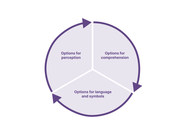 A circle diagram split into three parts. Each part contains a label corresponding to one of the guidelines of the Multiple Means of Representation principle. These are: “Options for perception,” “Options for comprehension,” and “Options for language and symbols.” The outside of the diagram has three curved arrows that all point clockwise. Each arrow covers the perimeter that corresponds to each guideline. The diagram, arrows, and text are purple to match the colour-coding of the principle in the UDL framework.  