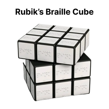 Rubik’s Braille Cube has 3x3 white squares with braille on them. The object of the game is to align all the squares with the same braille pattern on one side of the cube.