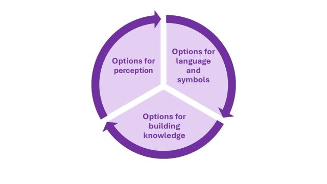 A circle diagram split into three parts. Each part contains a label corresponding to one of the guidelines of the Multiple Means of Representation principle. These are: “Options for perception,” “Options for building knowledge,” and “Options for language and symbols.” The outside of the diagram has three curved arrows that all point clockwise. Each arrow covers the perimeter that corresponds to each guideline. The diagram, arrows, and text are purple to match the colour-coding of the principle in the UDL framework.  