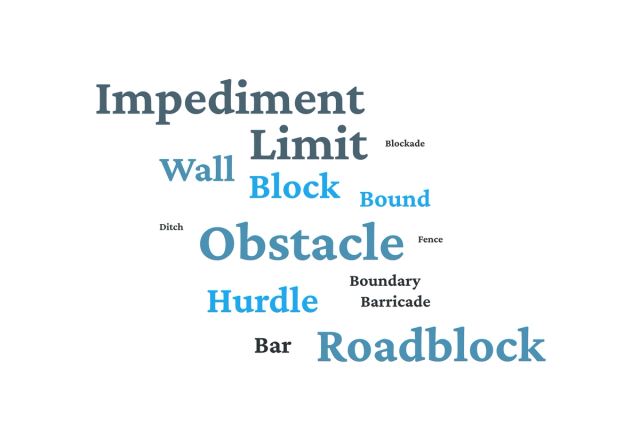 Words in various font sizes and shades of blue arranged in a random pattern. The text from top to bottom reads: Impediment, Limit, Blockade, Wall, Block, Bound, Ditch, Obstacle, Fence, Boundary, Barricade, Hurdle, Bar, Roadblock. 