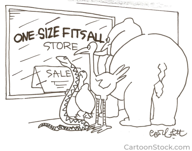 Cartoon featuring a snake, a turtle, a stork, and an elephant outside a storefront window. The window has the name of the store on it: One Size Fits All Store. A sale sign is on display behind the window.