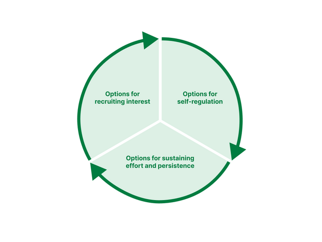 A circle diagram split into three parts. Each part contains a label corresponding to one of the guidelines of the Multiple Means of Engagement principle. These are: “Options for recruiting interest,” “Options for sustaining effort and persistence,” and “Options for self-regulation.” The outside of the diagram has three curved arrows that all point clockwise, illustrating the cyclical nature of the guidelines in learning design. Each arrow covers the perimeter that corresponds to each guideline. The diagram, arrows, and text are green to match the colour-coding of the principle in the UDL framework. 