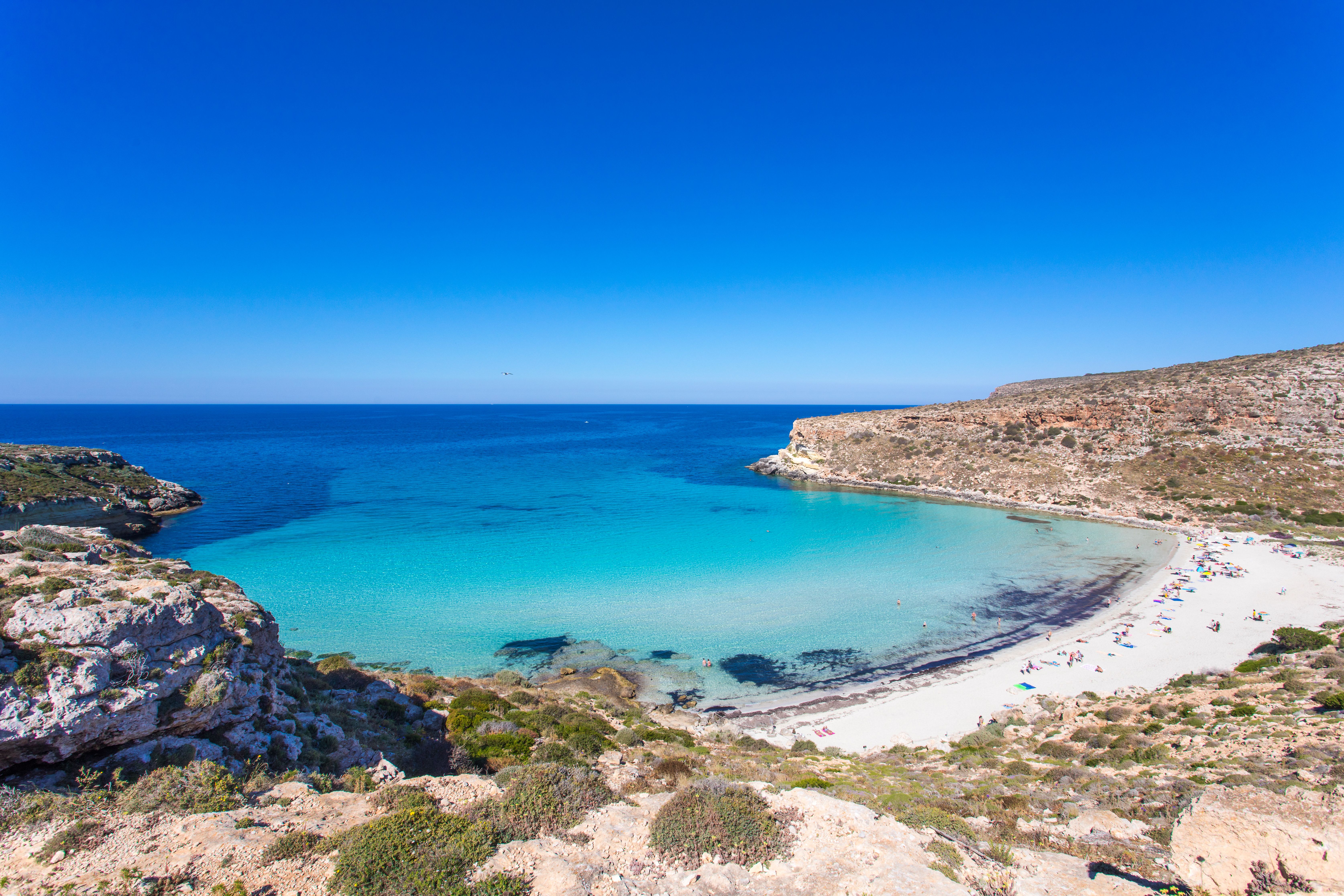 A view over Spiaggia dei Conigli beach (also known as Rabbit Beach) in Sicily