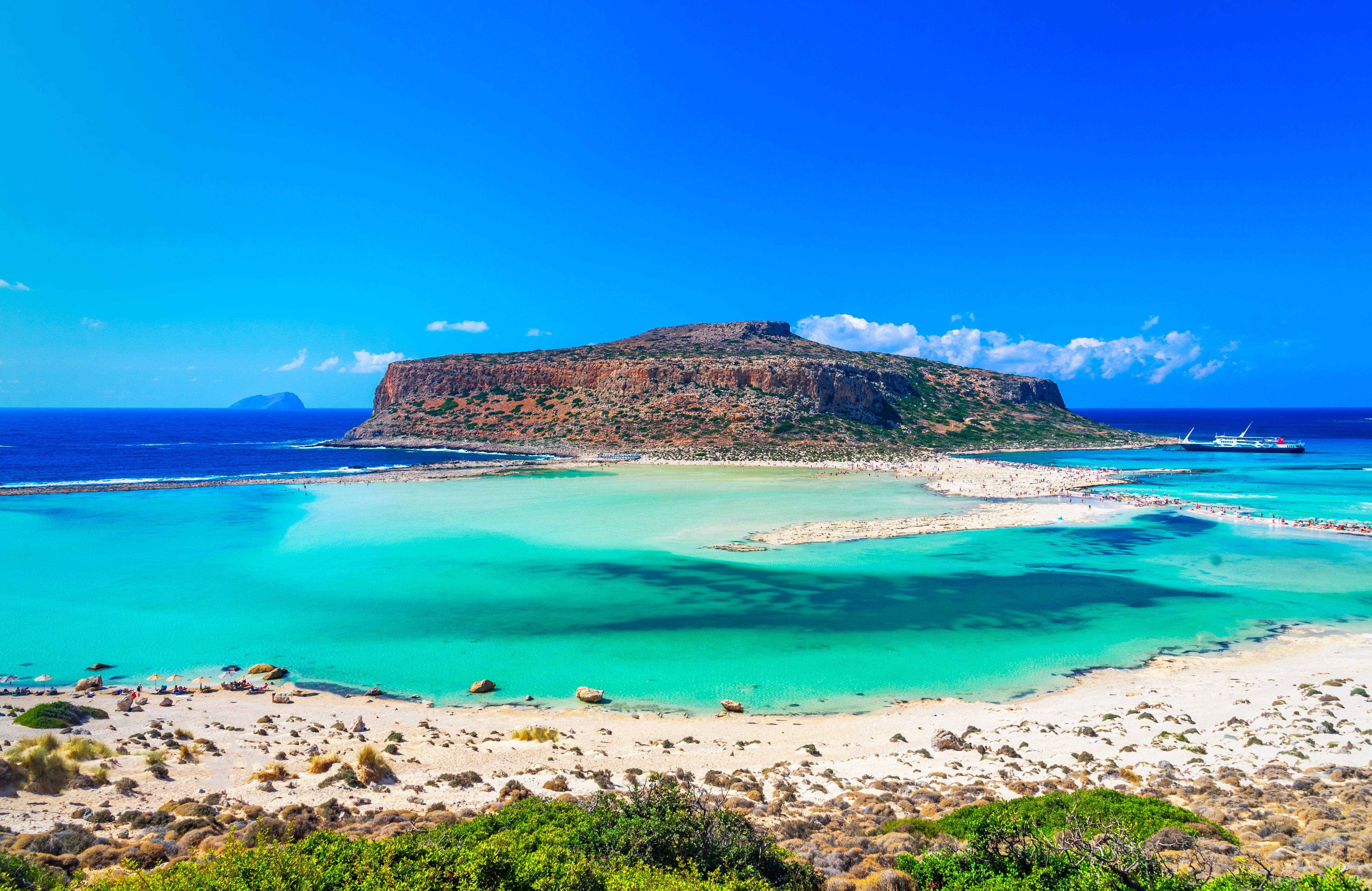 A view of Balos Lagoon on a bright sunny day in Crete, Greece
