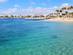 View of the Costa Teguise beach, blue sea, yellow sand, palm trees in Spain