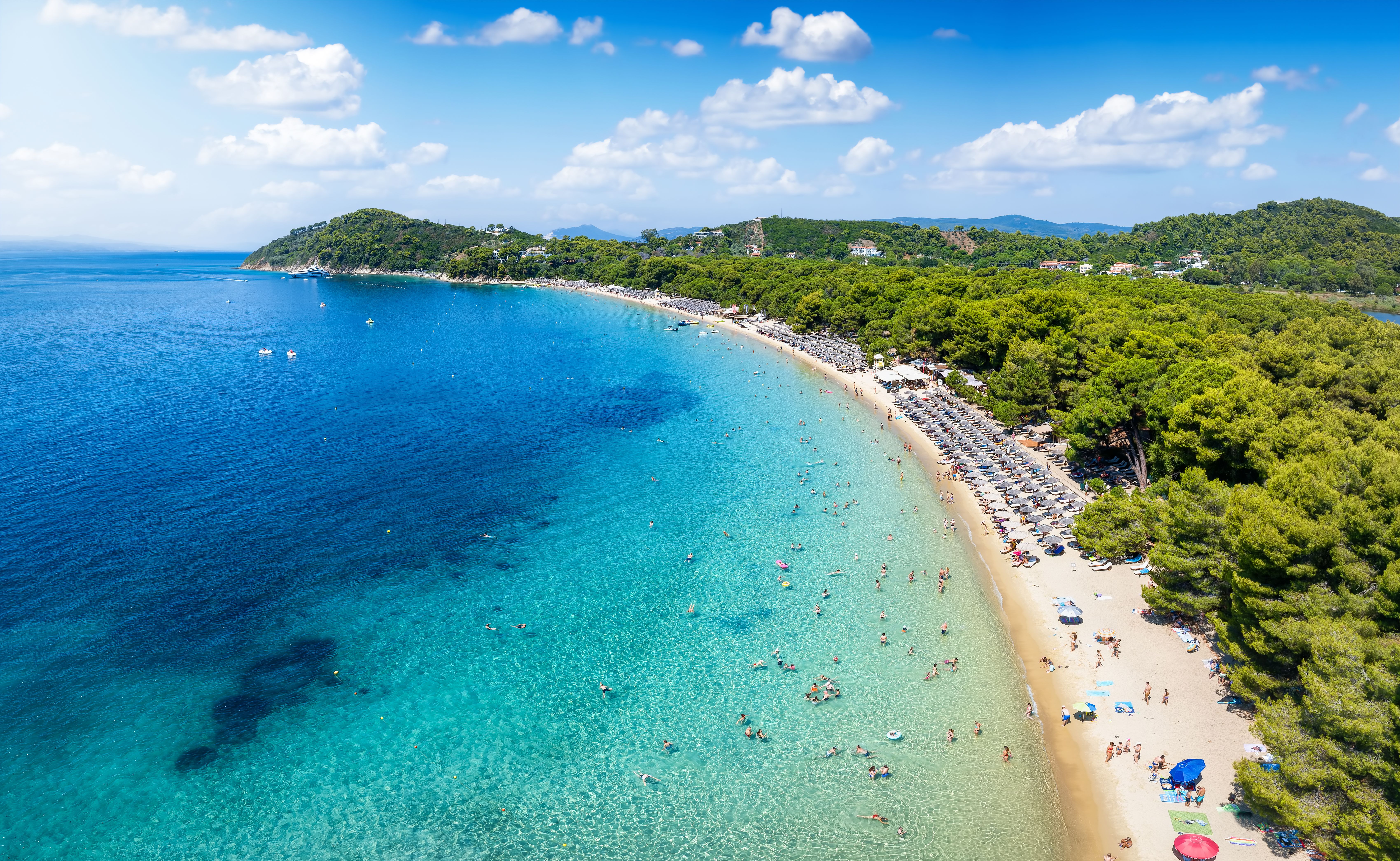 Aerial view of the beautiful Koukounaries beach on the island of Skiathos in Greece