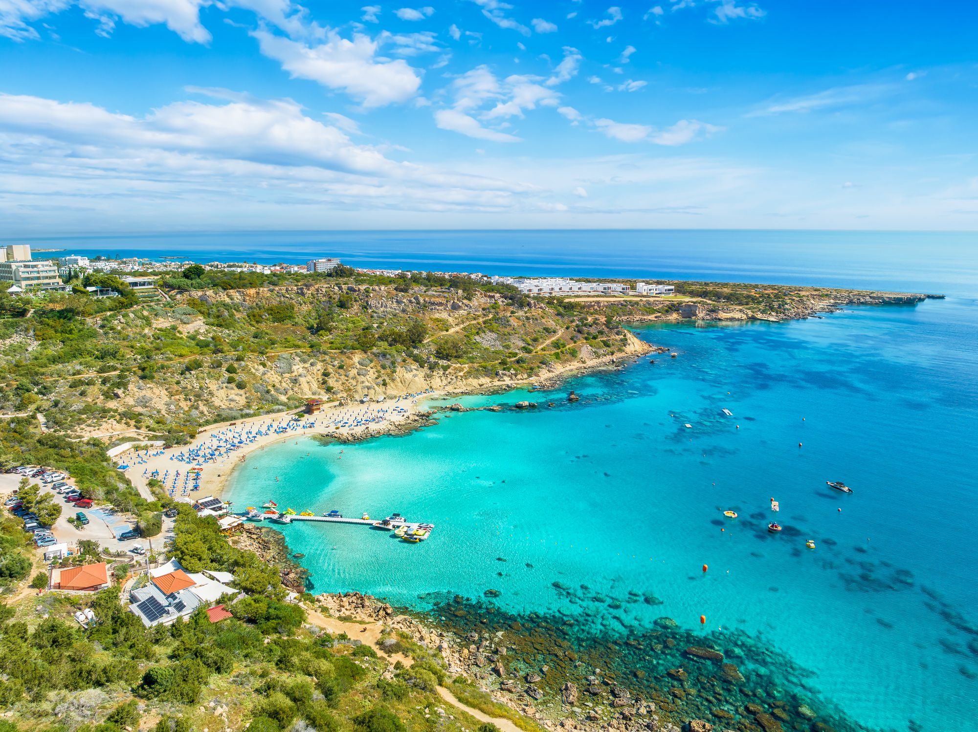 Aerial view of Konnos beach in Protaras, Cyprus
