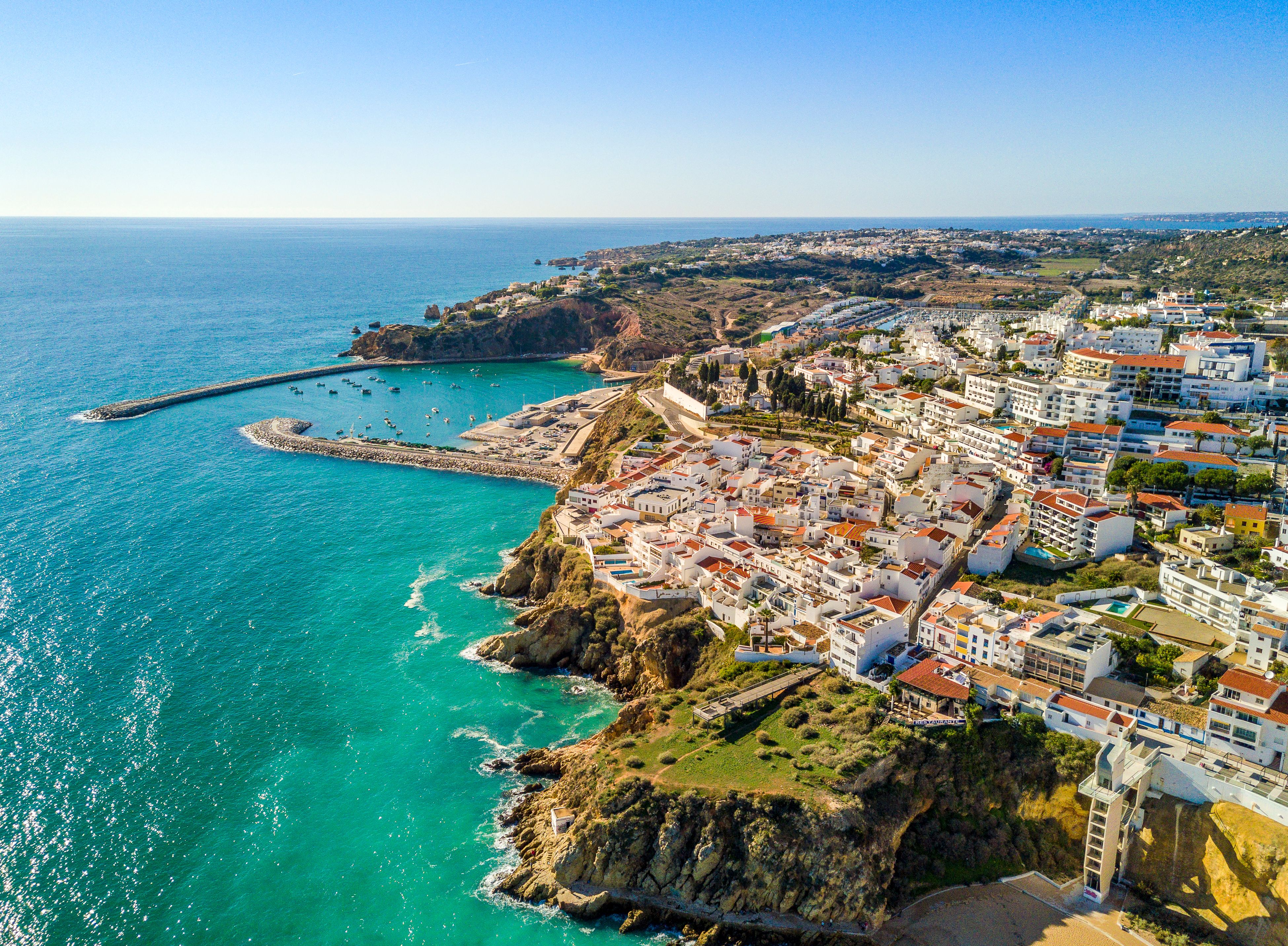 Aerial view of Albufeira town and coastline in the Algarve, Portugal