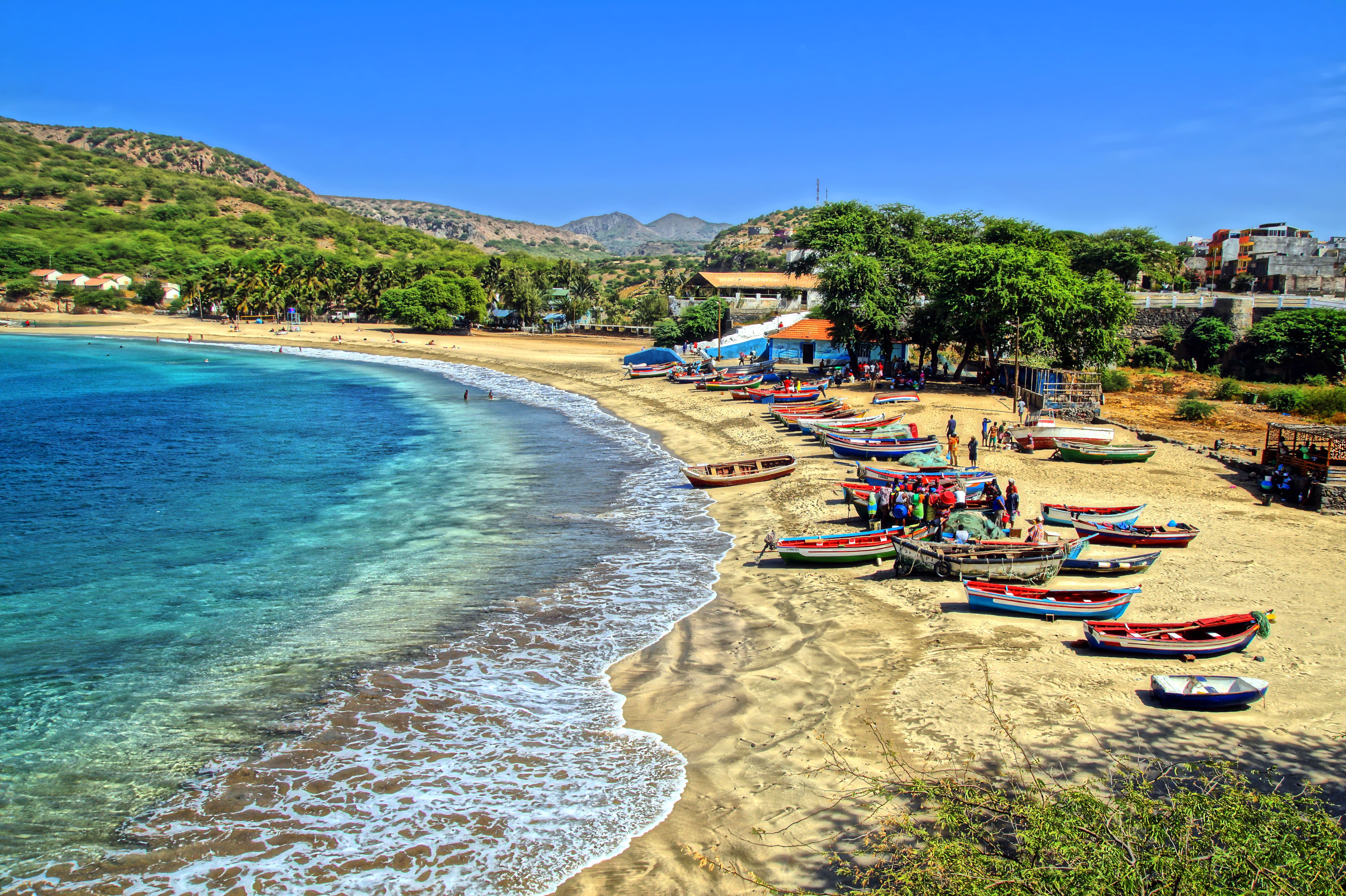 Colourful boats on Tarrafal beach on Santiago island in Cape Verde