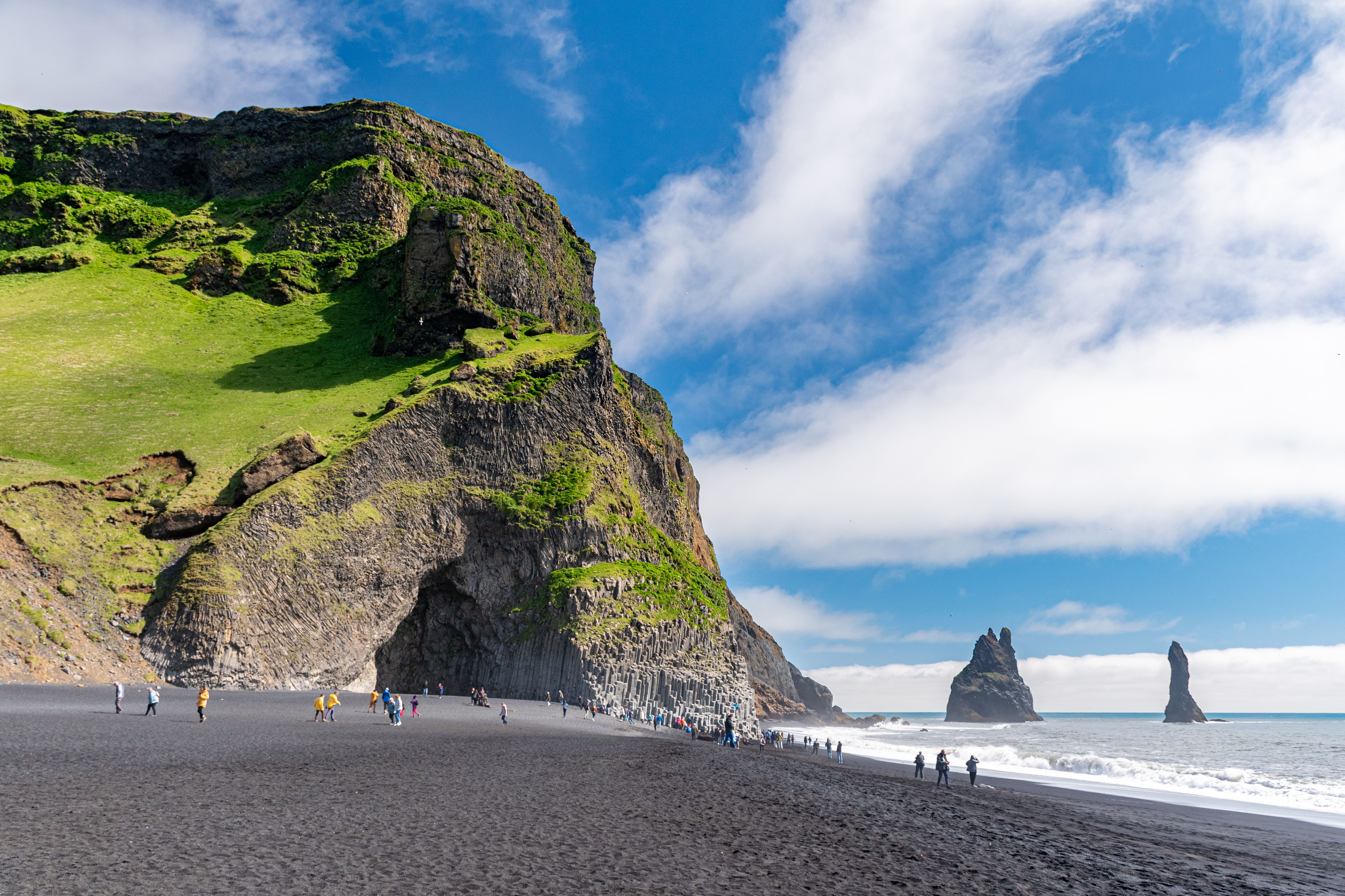 Reynisfjara beach near Vik in southern Iceland with striking headlands and black sand