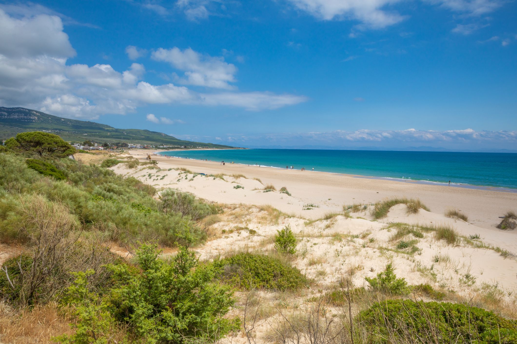 A view across grassy sand dunes of Bolonia beach in Tarifa near Cadiz