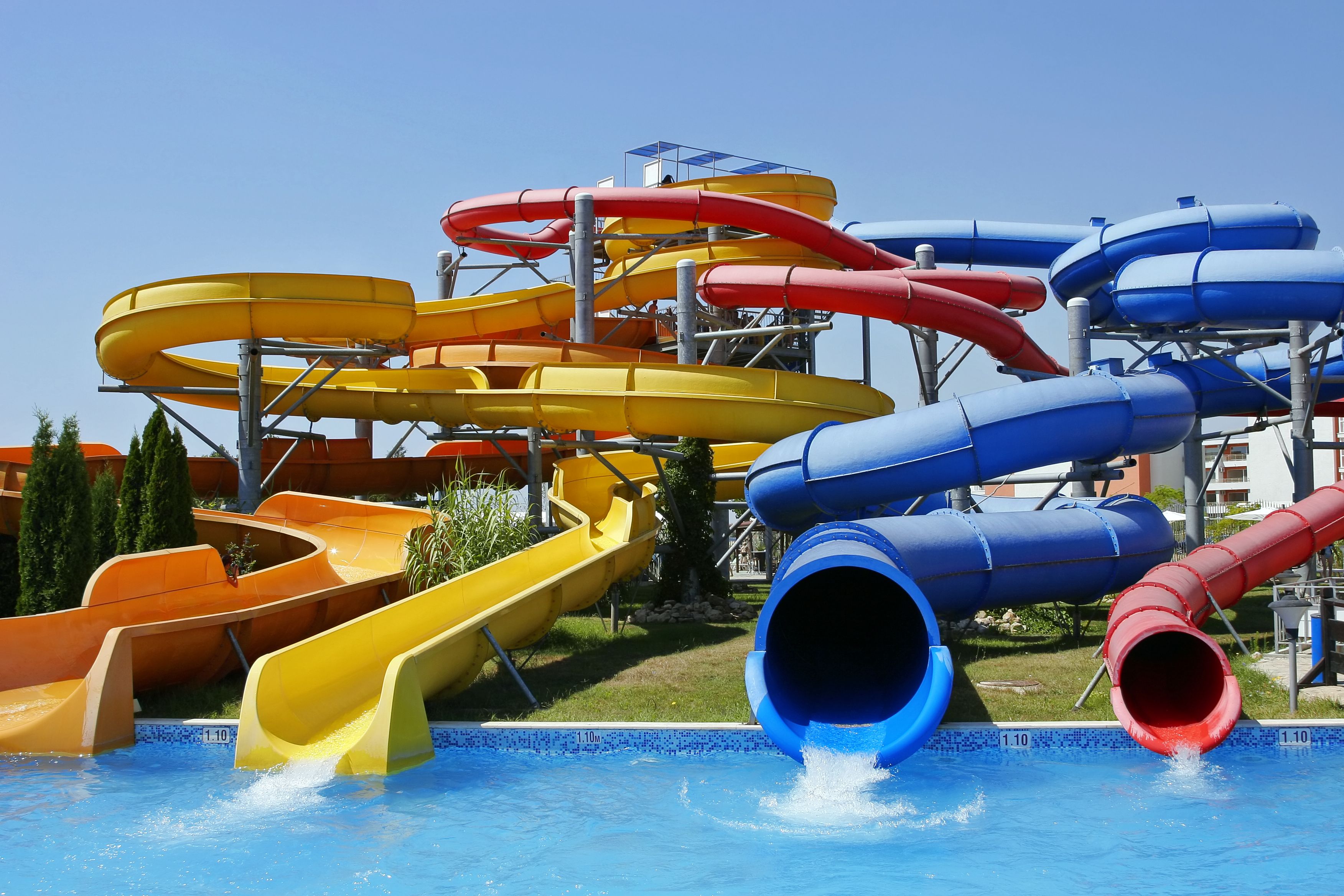 Colourful waterslide tubes at a waterpark