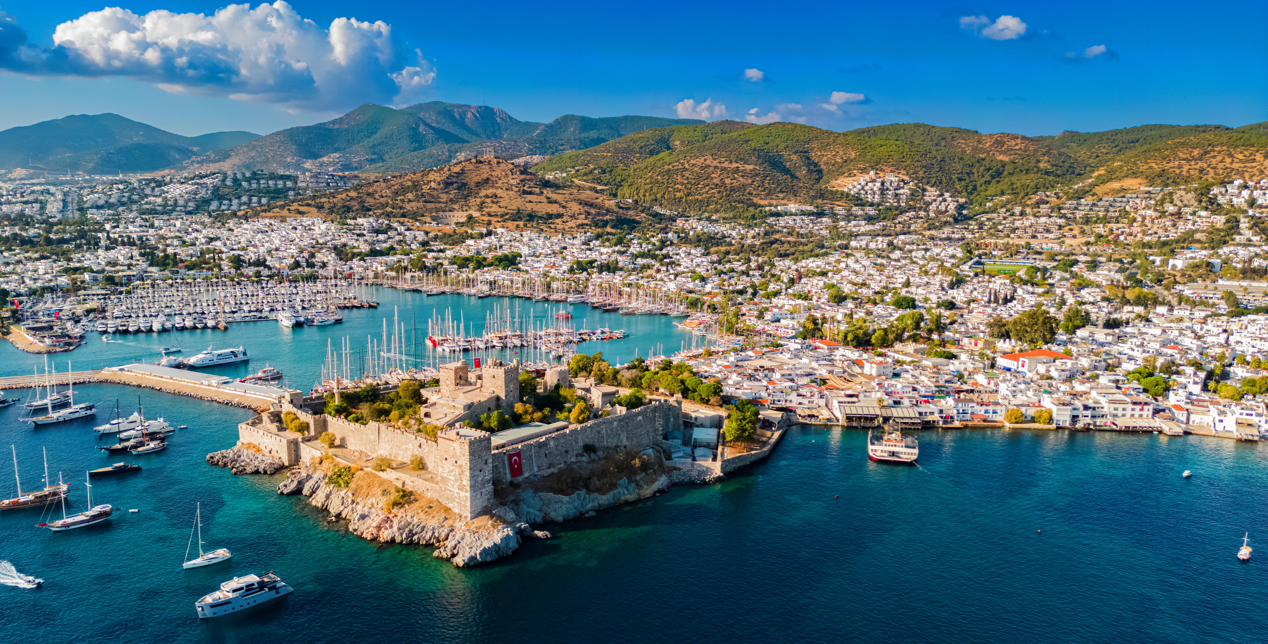 Aerial view of Bodrum Castle and coastline in Turkey