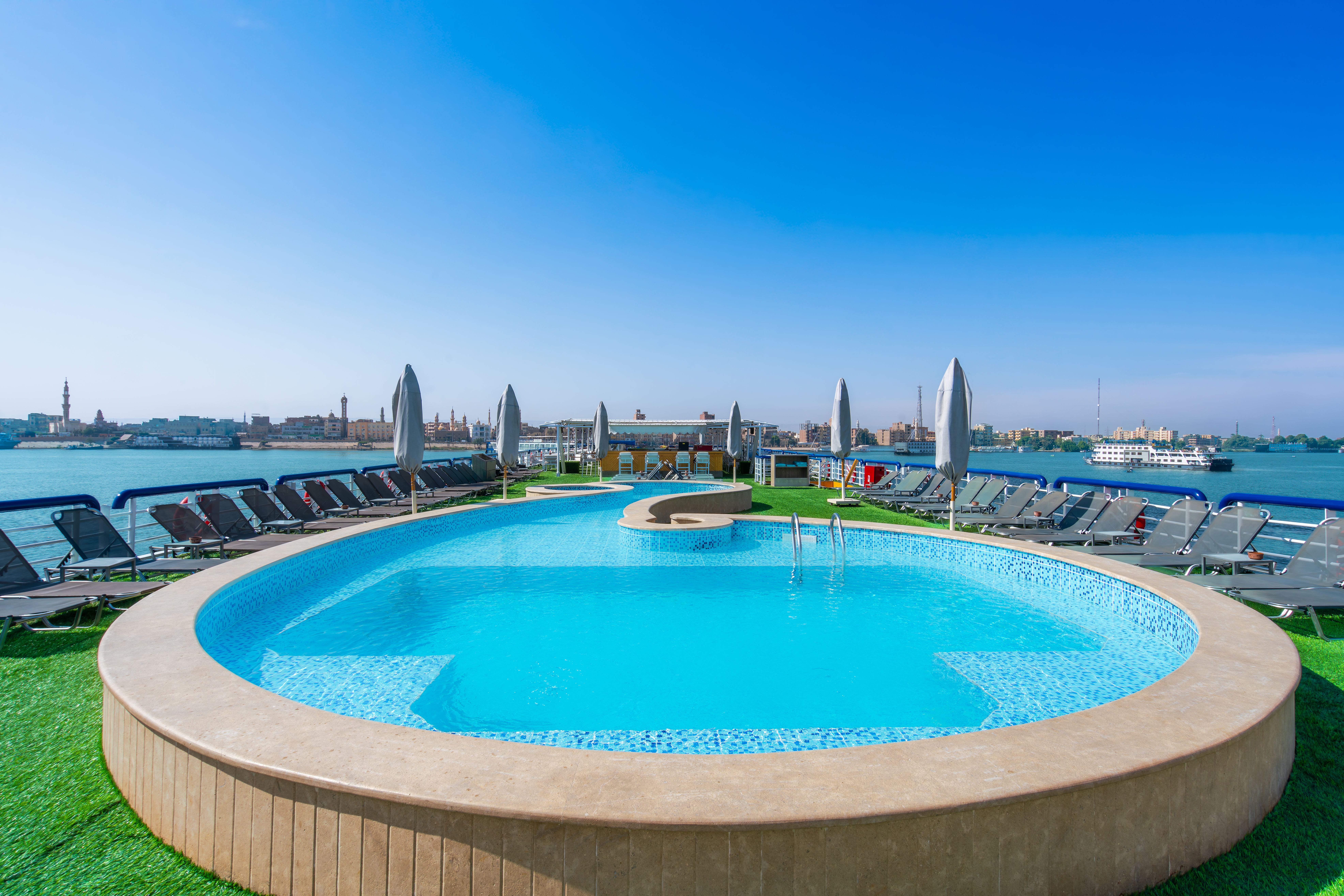 A rooftop swimming pool on a Nile River cruise ship