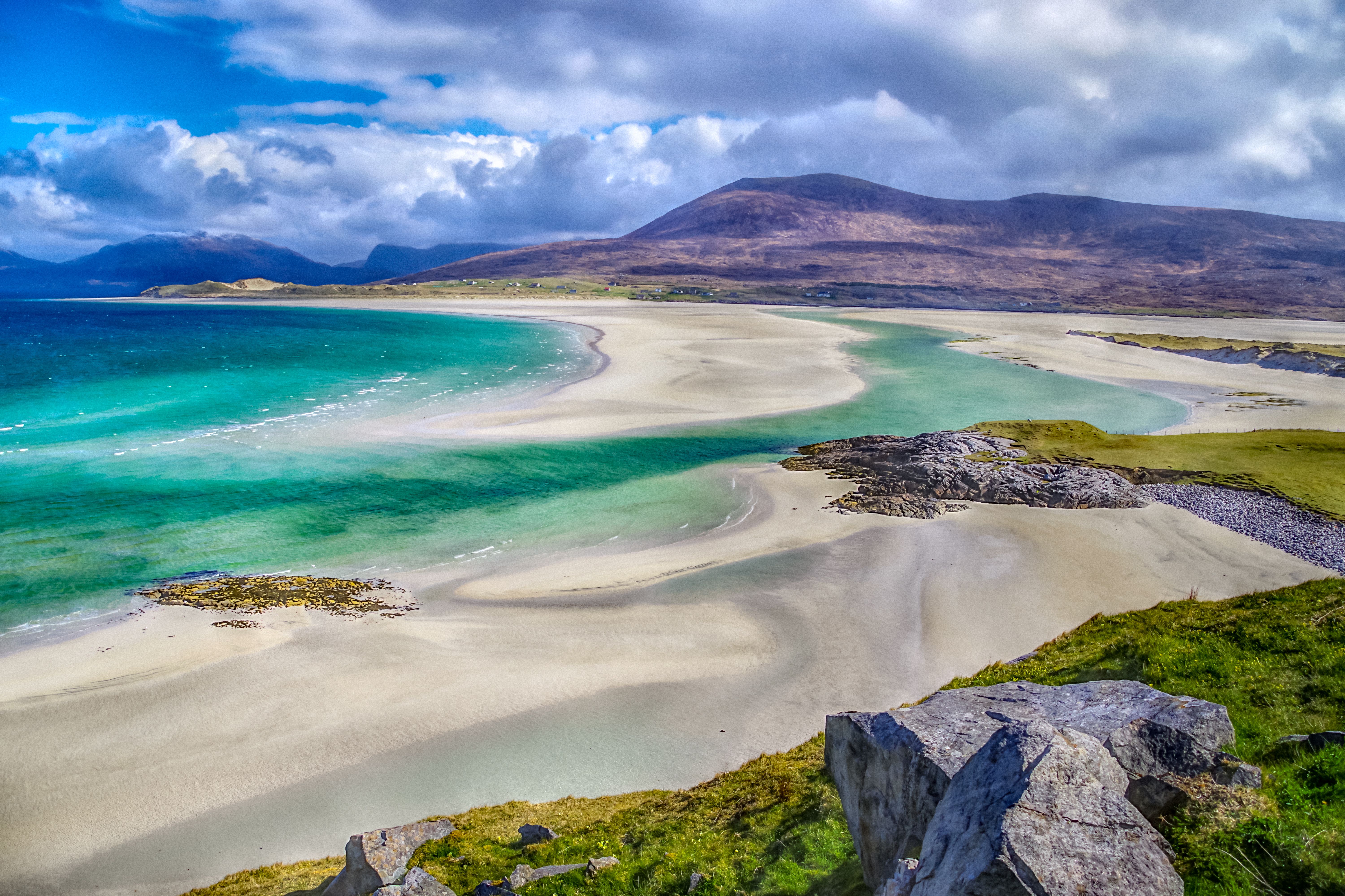 An aerial view over the vast beach of Luskentyre on the The Isle of Harris in Scotland