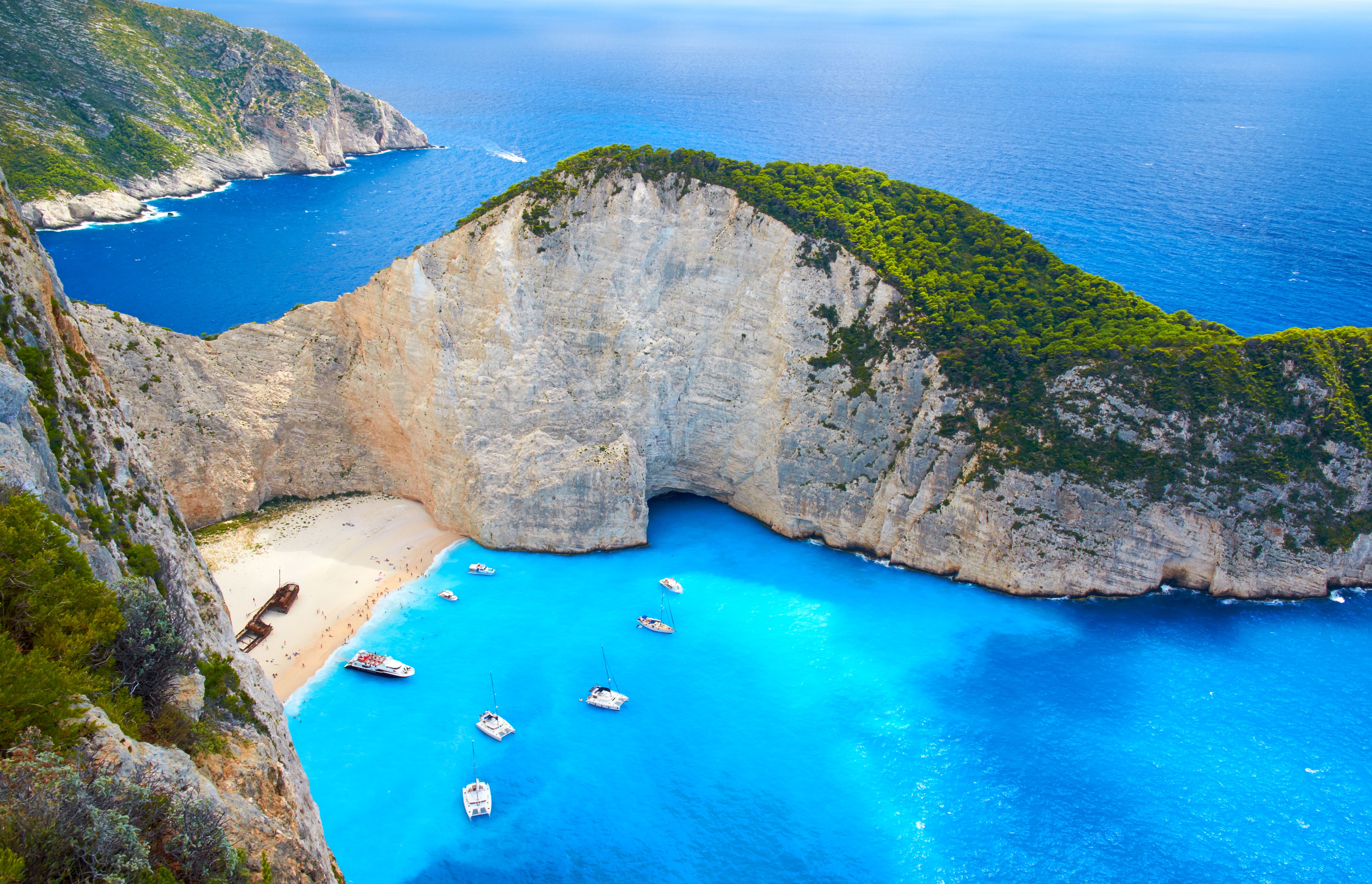Aerial view of Navagio Beach (also known as Shipwreck Beach) on Zante, Greece