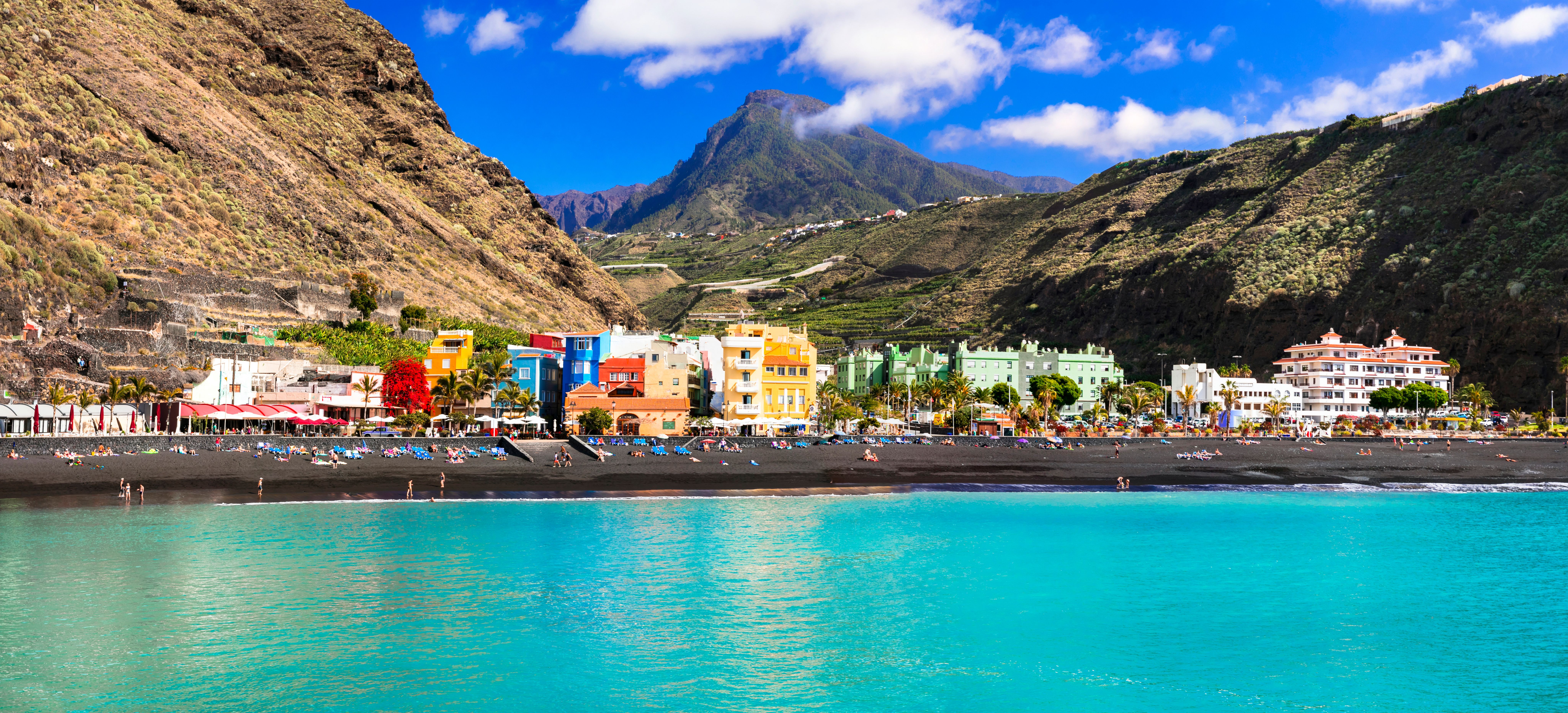 View of Puerto de Tazacorte town and black sand beach on the island of La Palma in the Canary Islands