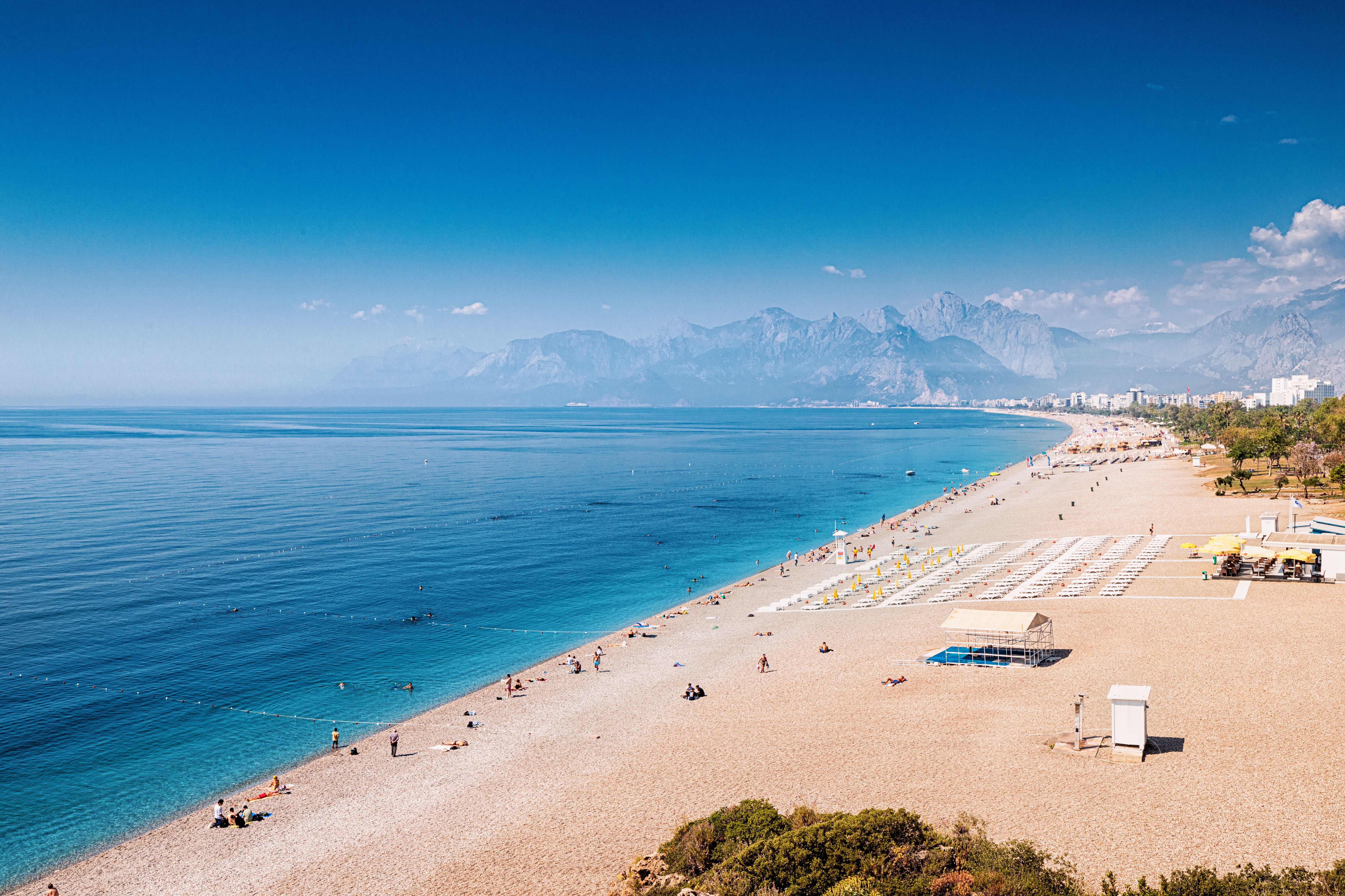 Aerial view of scenic and popular Konyaalti beach in Antalya resort town, Turkey