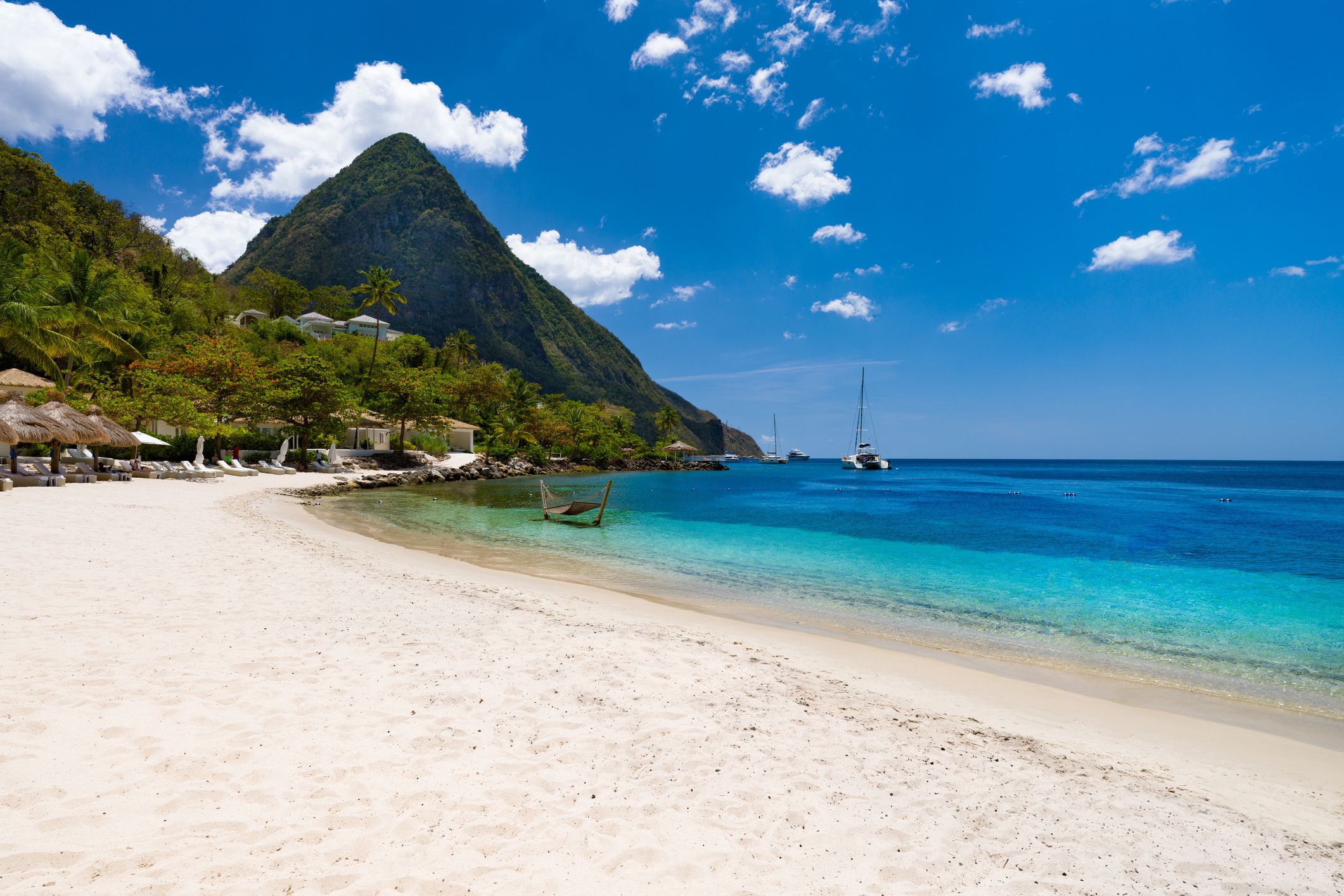 View of Sugar Beach and the Pitons mountains in St. Lucia