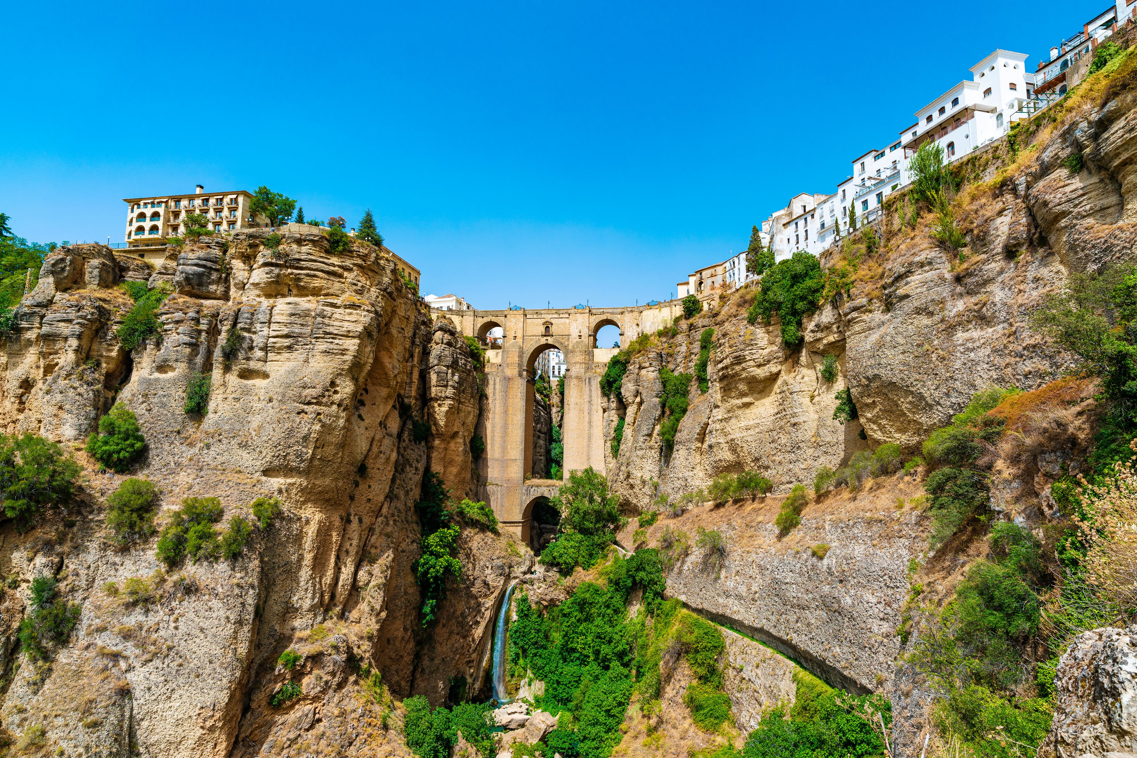 A view looking up to the hilltop city of Ronda in Malaga Province, Spain