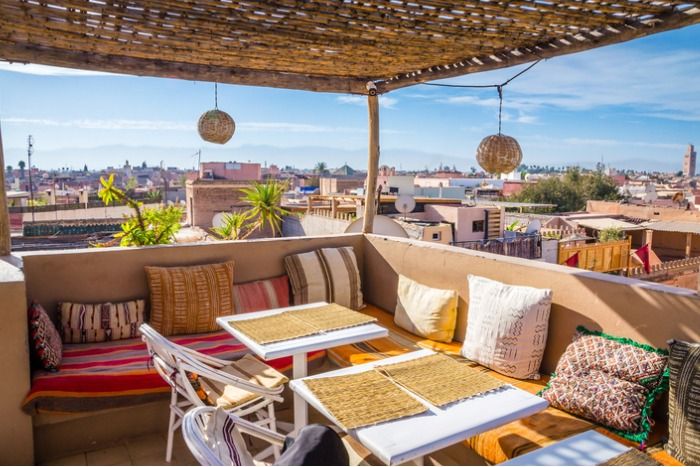 View over Marrakech from a rooftop cafe, Morocco
