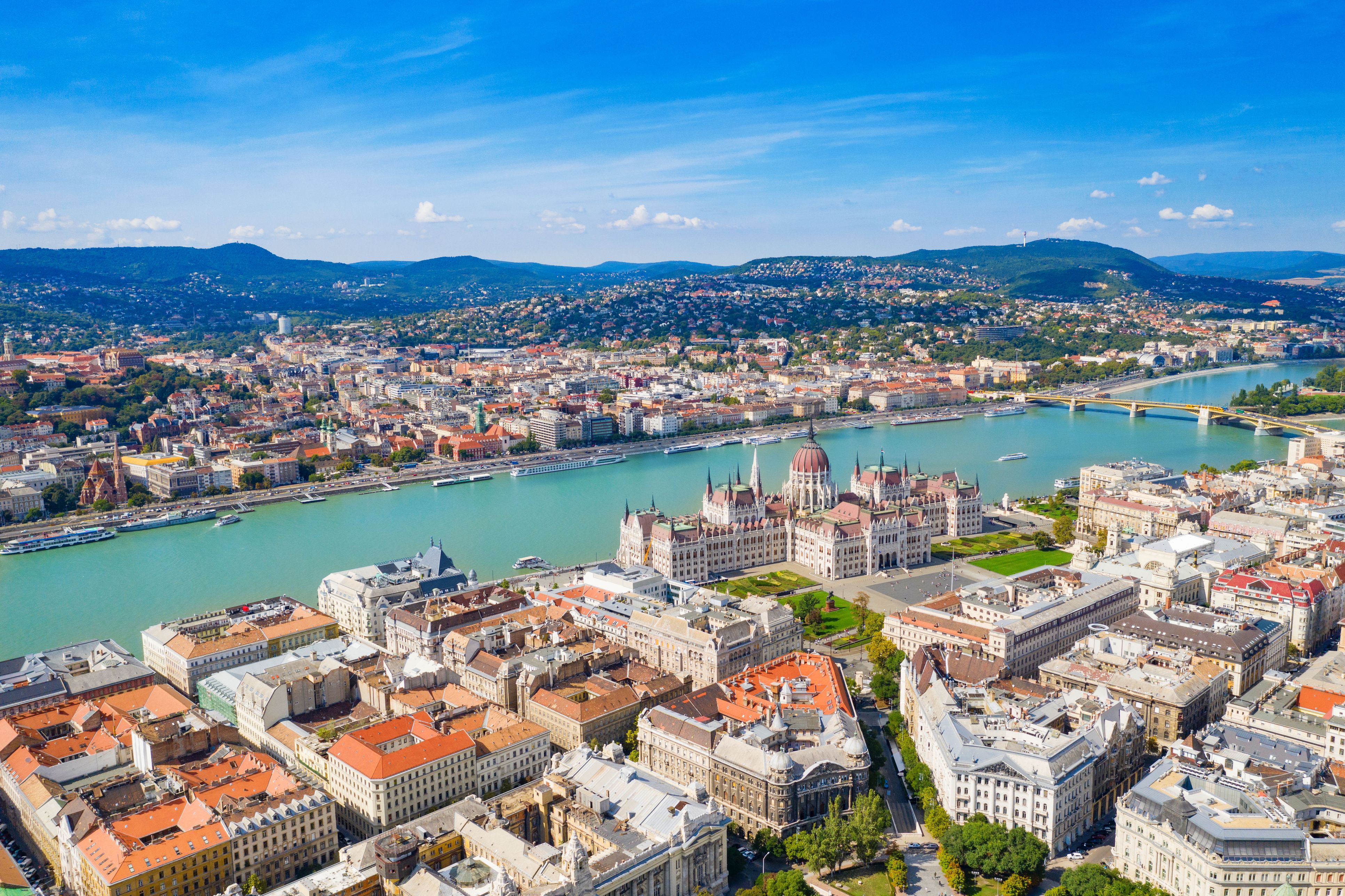 Aerial view over central Budapest with the Parliament building and Danube river