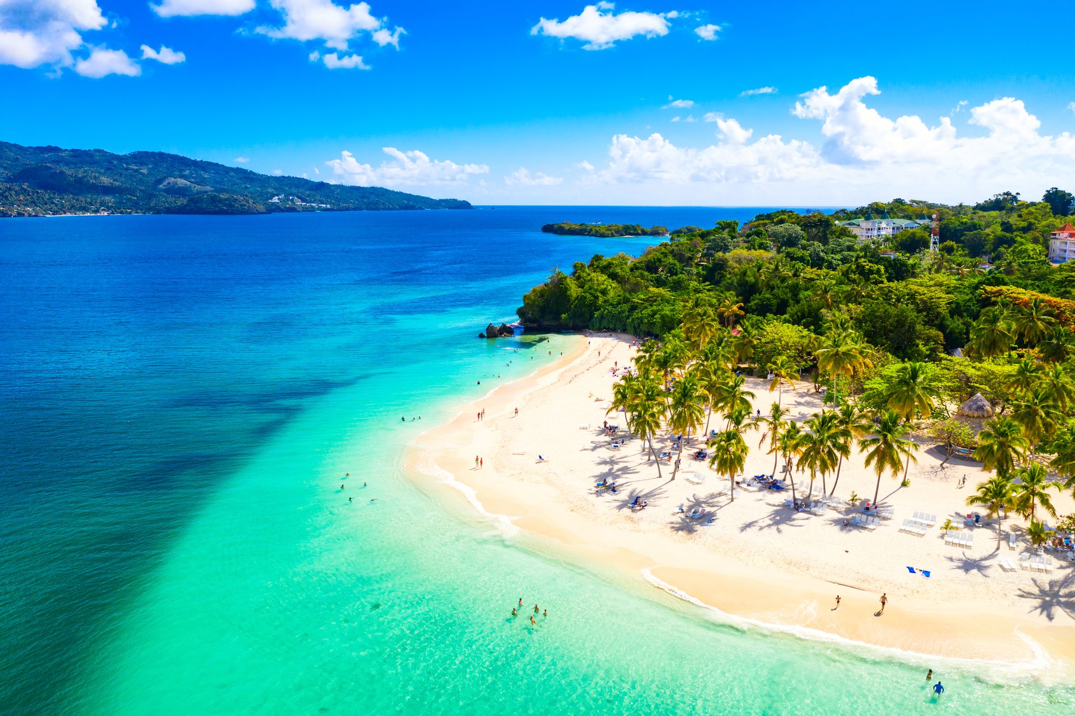 Aerial view of tropical Cayo Levantado beach on Bacardi Island in the Dominican Republic.