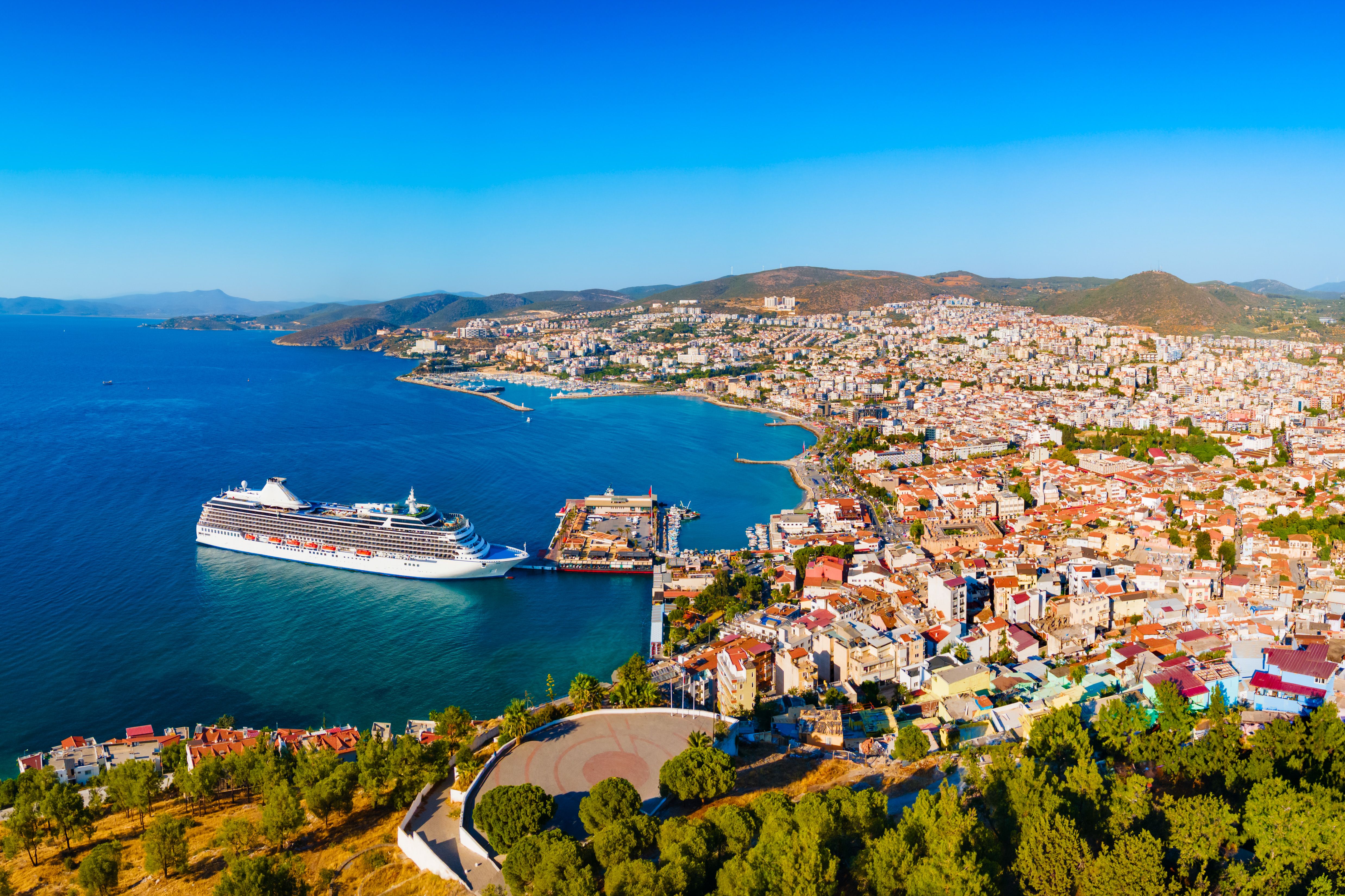 An aerial view of a cruise ship at Kusadasi port in Turkey.
