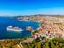 An aerial view of a cruise ship at Kusadasi port in Turkey.