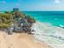 View of Tulum Beach with ancient temple in Mexico