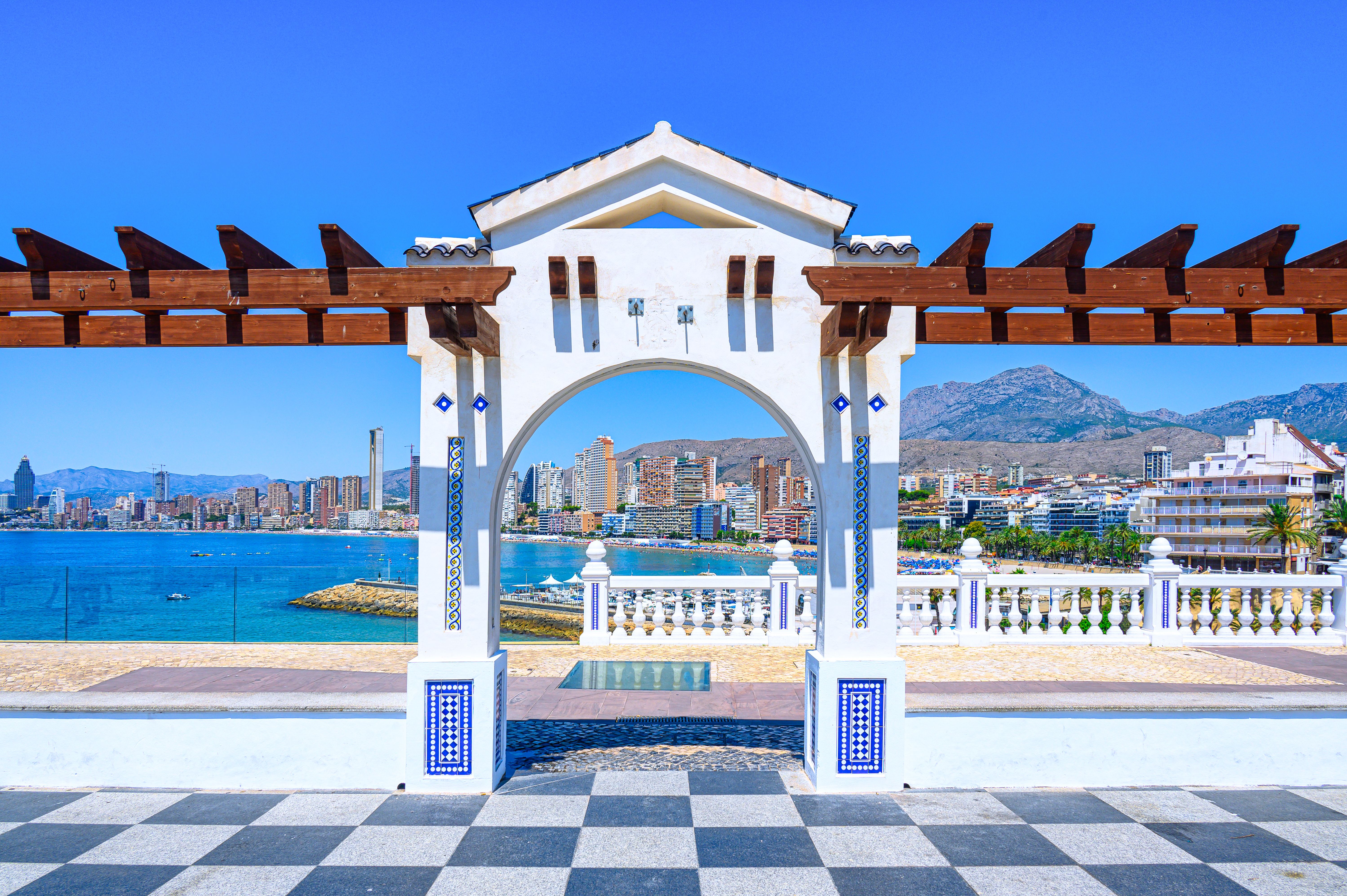 Decorative pillars and balustrade on a promenade in Benidorm, Spain