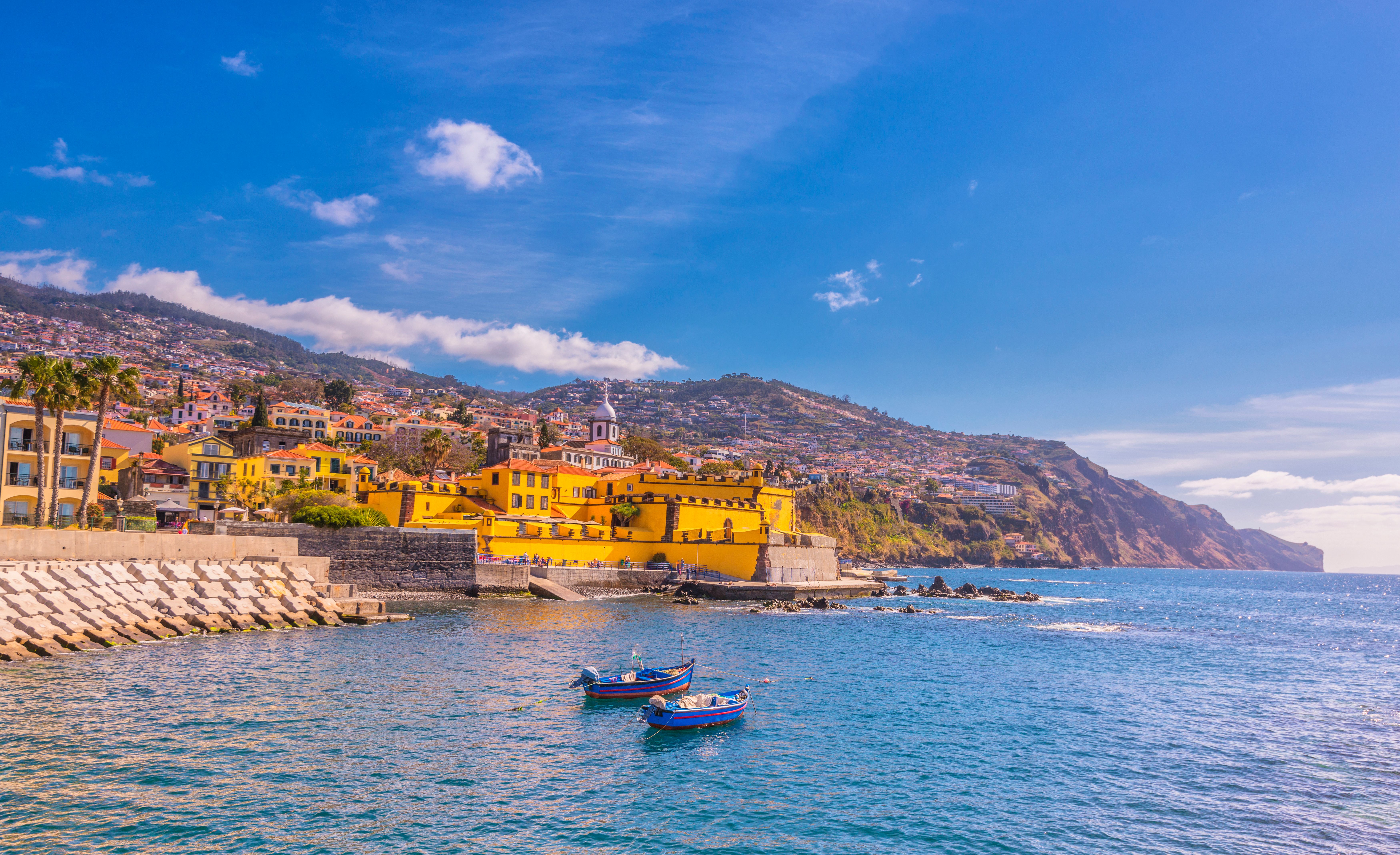 Waterfront and coastline with fishing boats at Funchal, Madeira