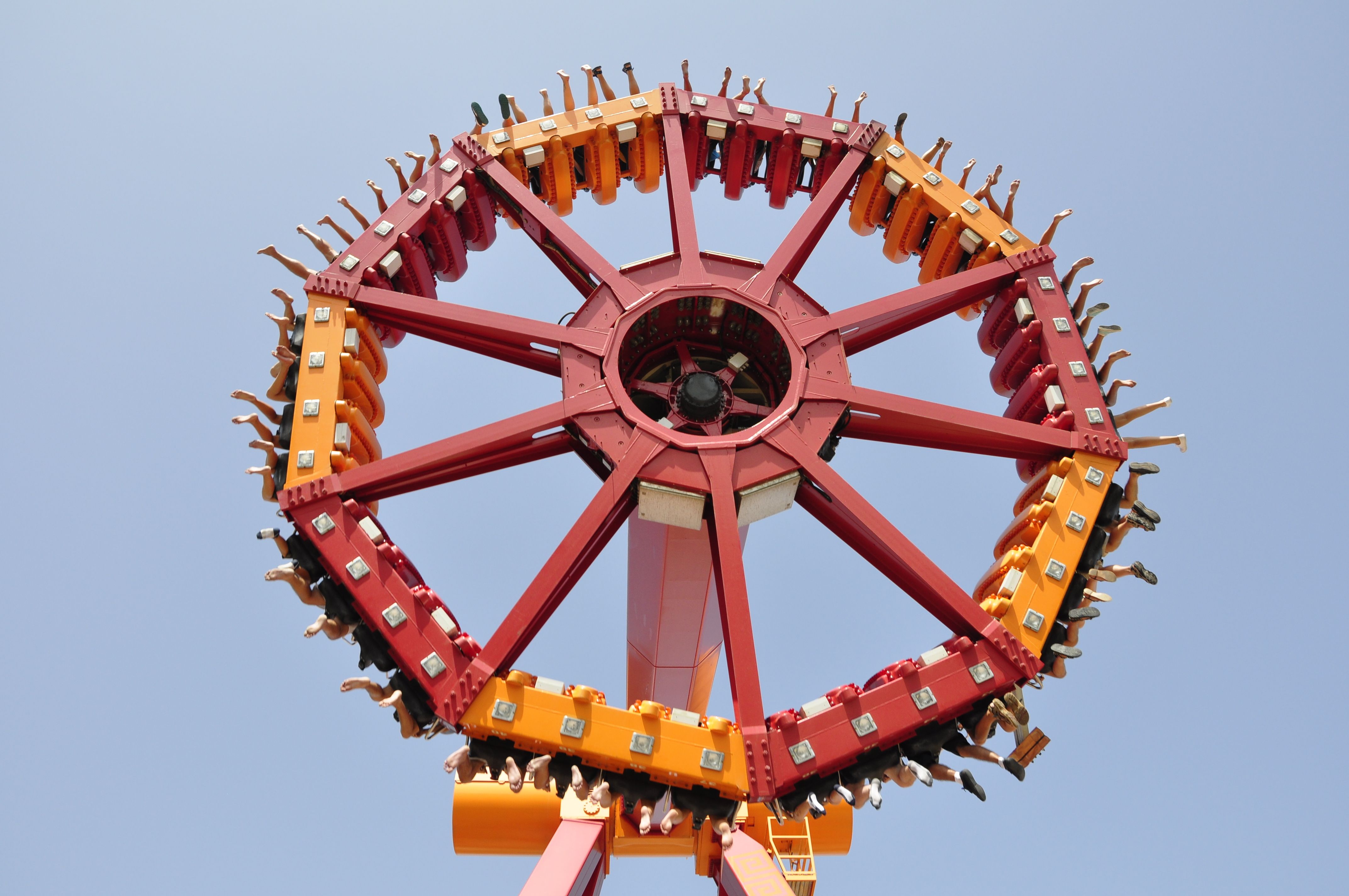 View of a circular, spinning swing rollercoaster in a theme park in Benidorm