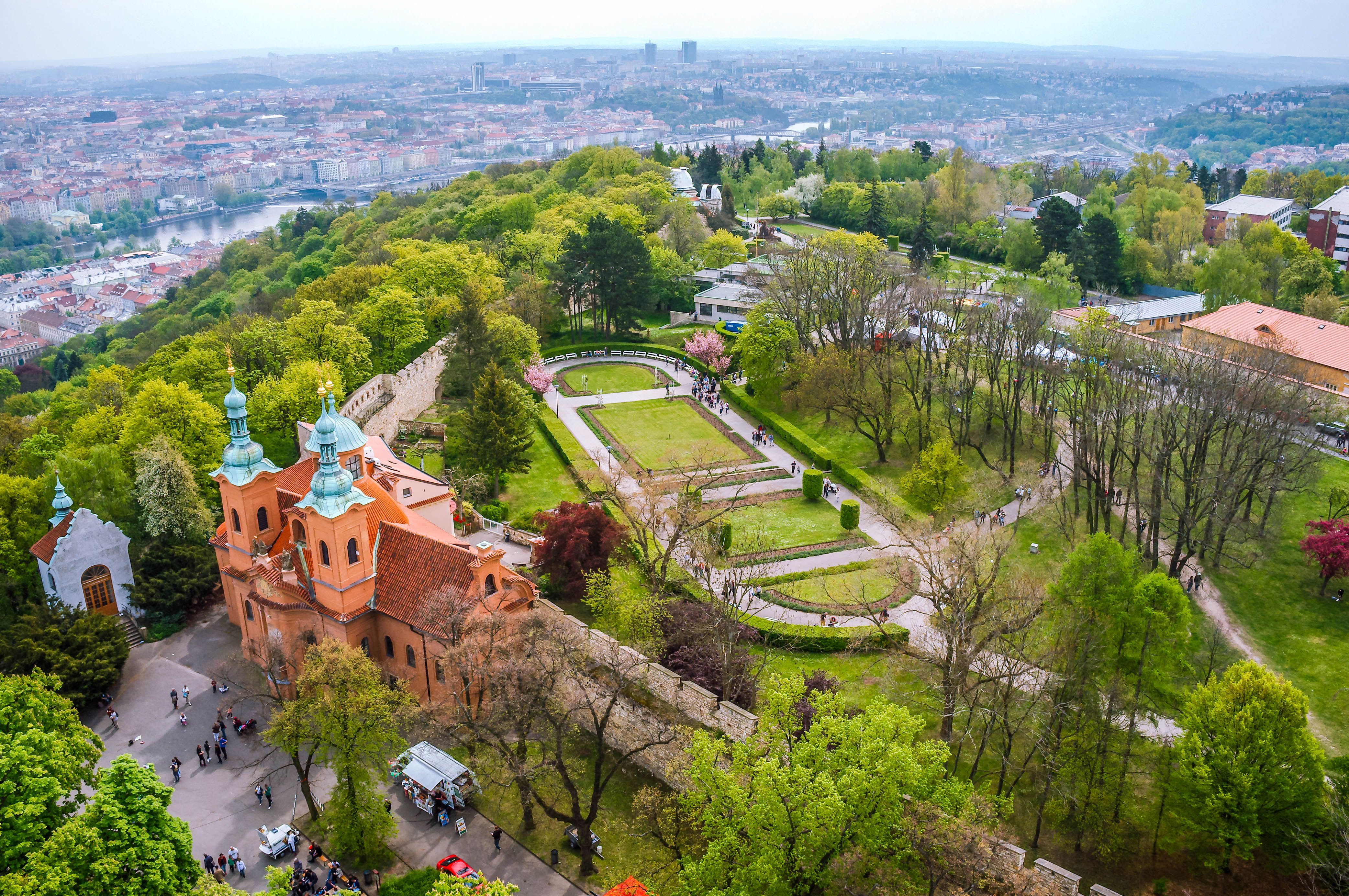 View of of Petrin Park and Prague city from Petrin Hill Tower in Czech Republic