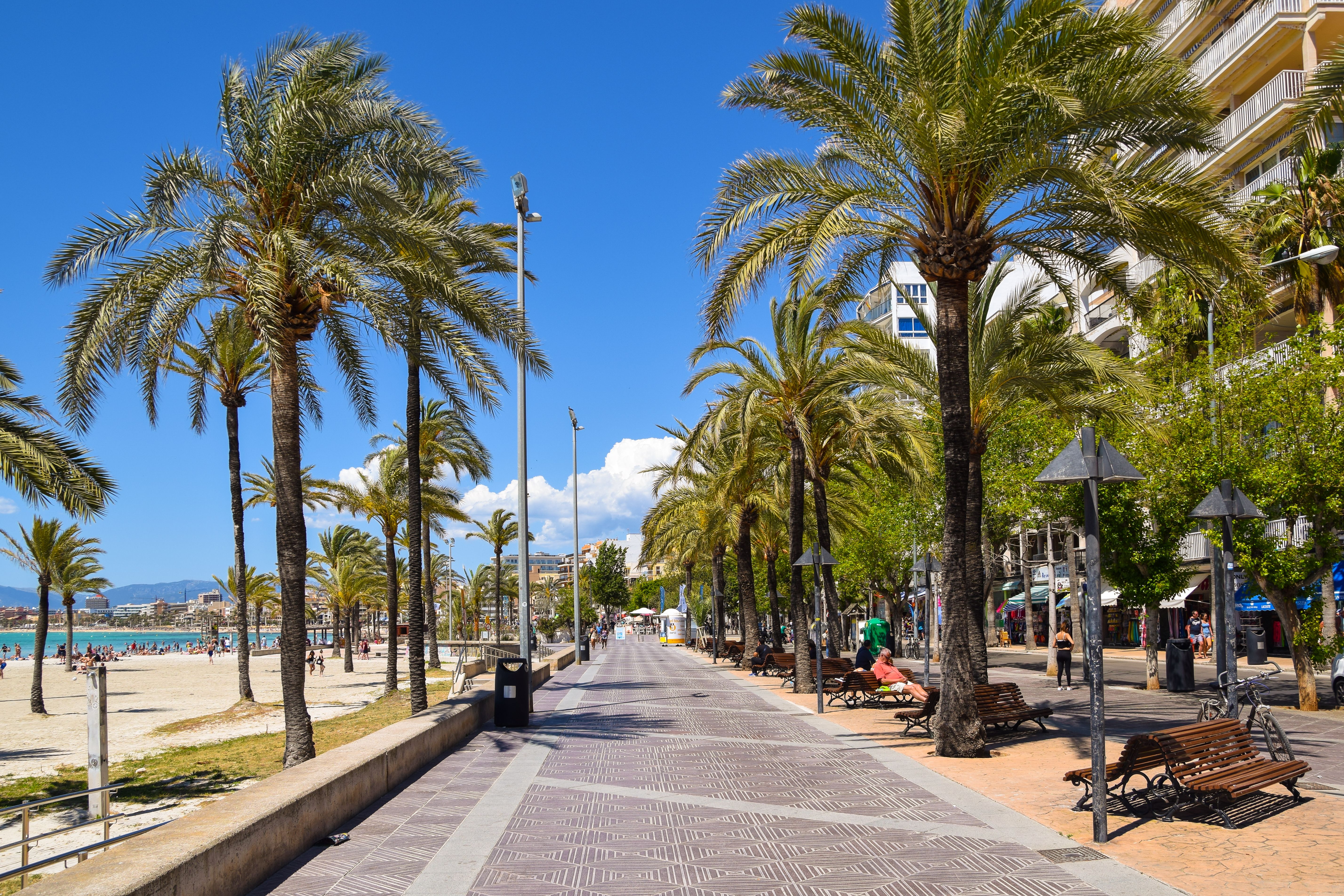 View down the seafront promenade in El Arenal, Majorca