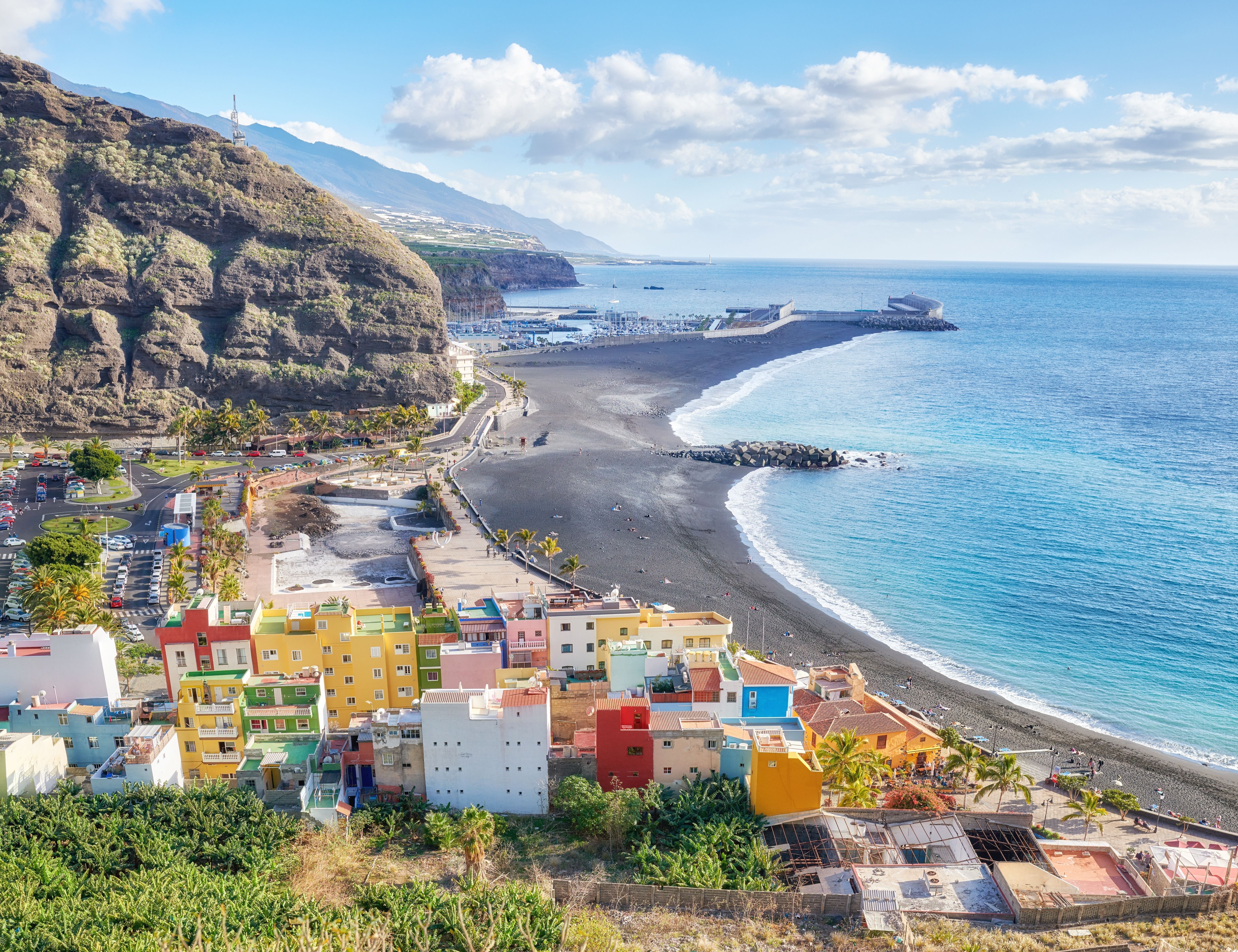 Aerial view over the resort and coastline of Puerto de Tazacorte in La Palma, Canary Islands